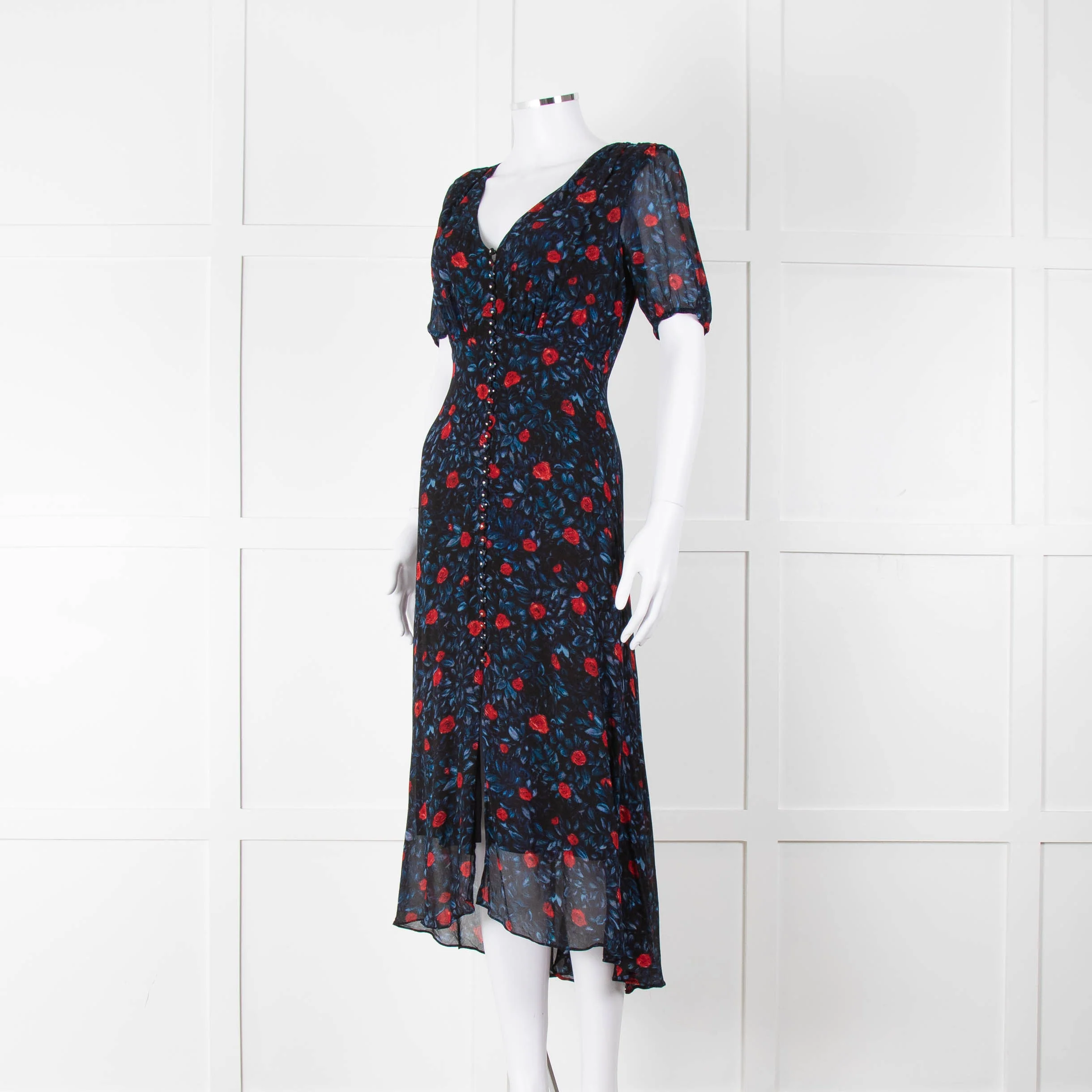 The Kooples Black Red Blue Floral Short Sleeve Midi Dress - Image 8