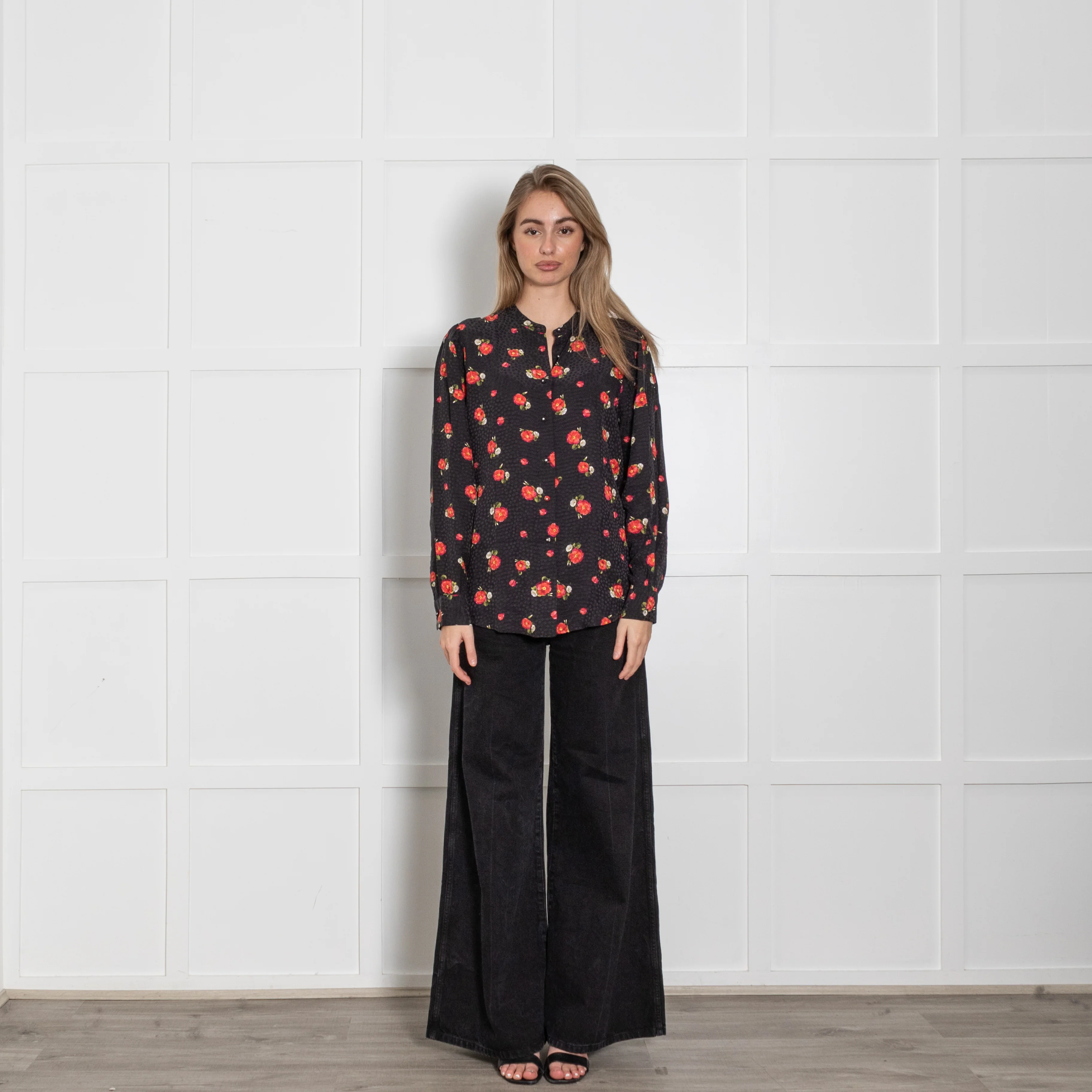 The Kooples Black Red Floral Silk Blend Blouse