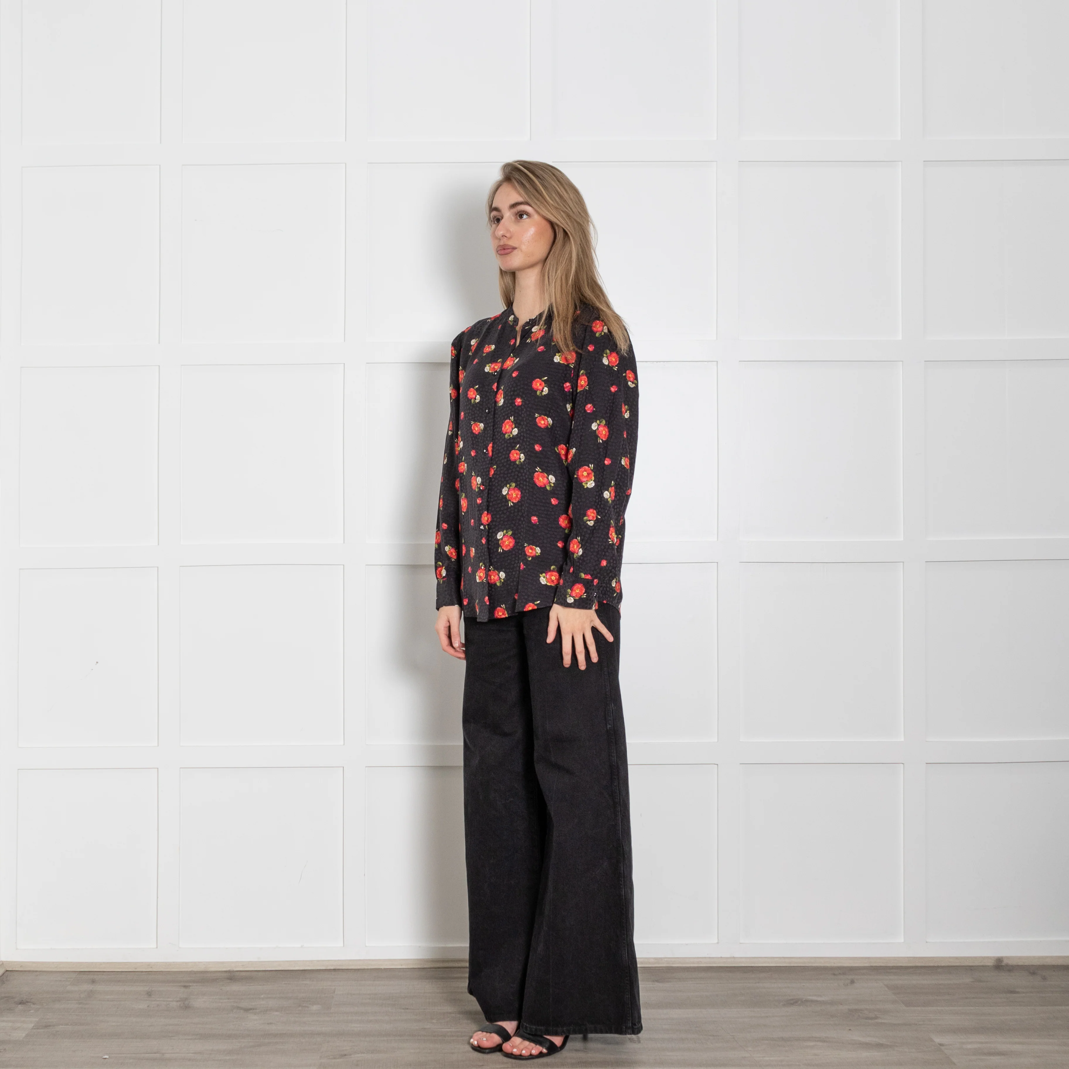 The Kooples Black Red Floral Silk Blend Blouse - Image 3
