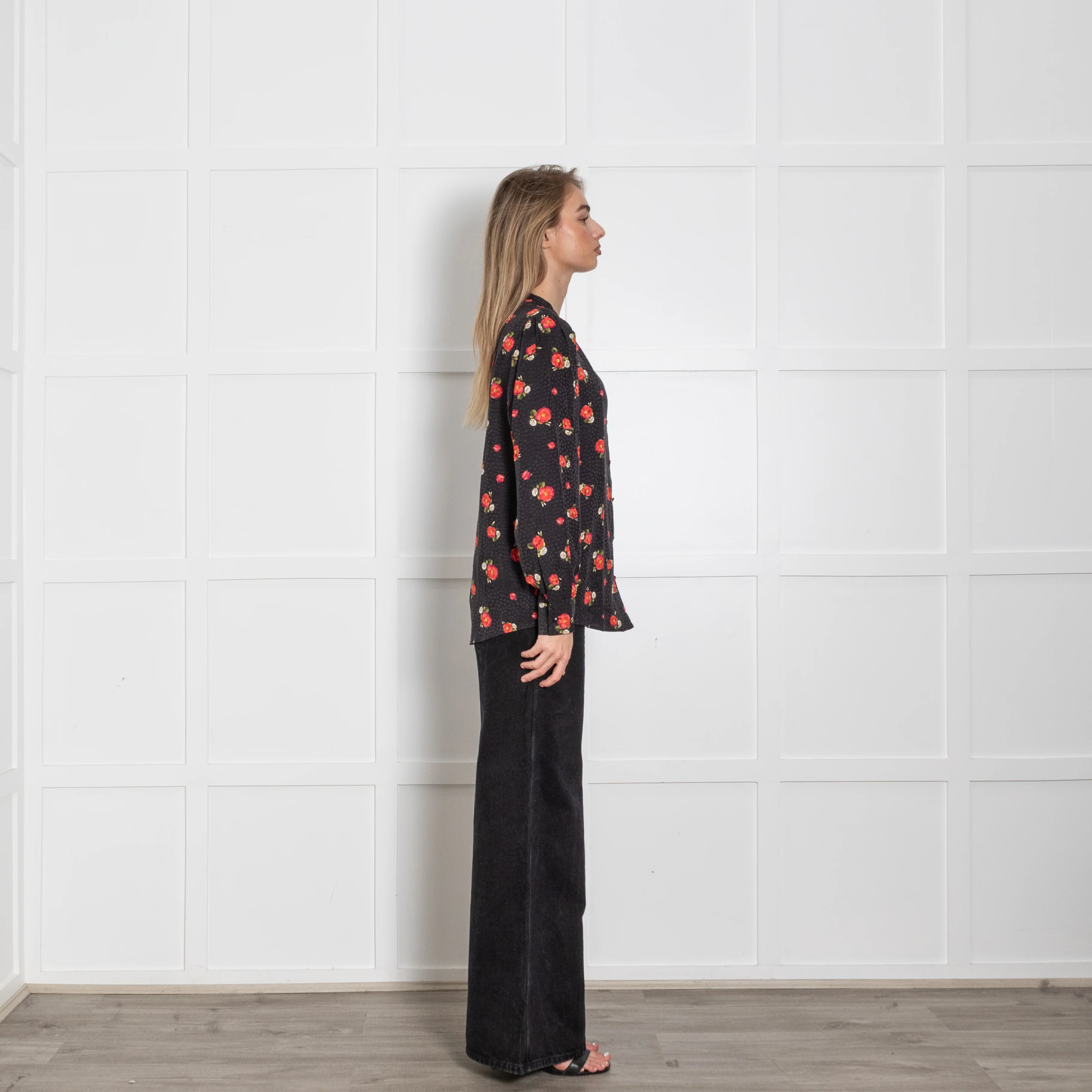 The Kooples Black Red Floral Silk Blend Blouse - Image 6
