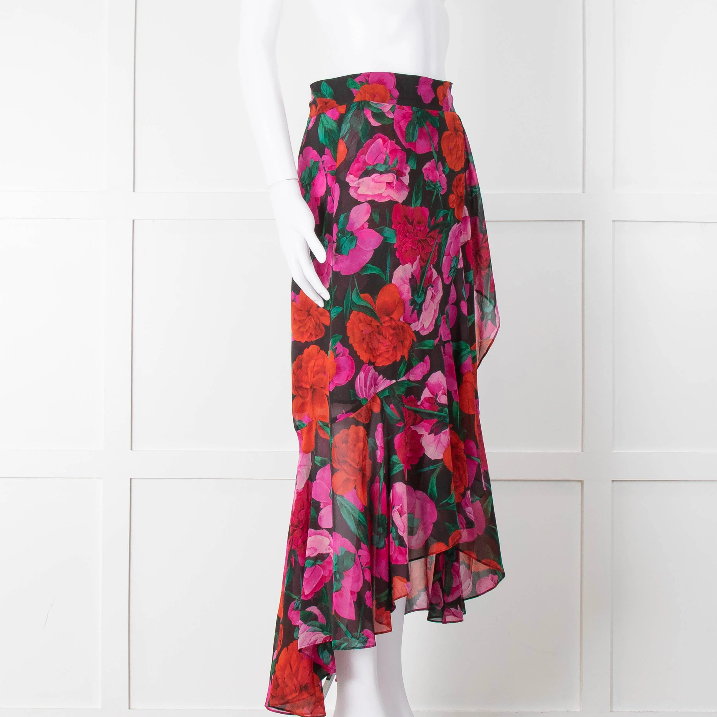 The Kooples Black Red Pink Rose Print Frill Trim Skirt - Image 2