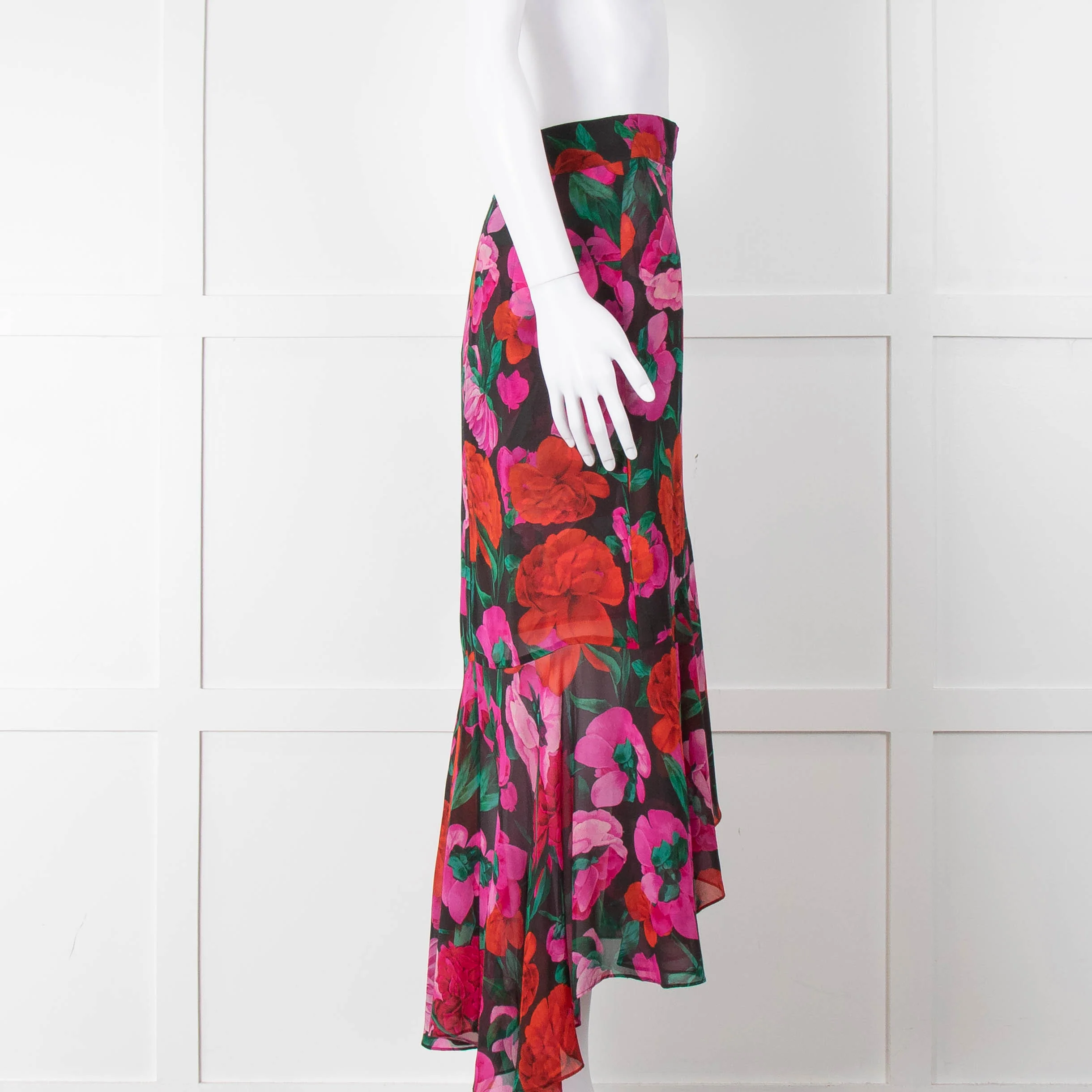 The Kooples Black Red Pink Rose Print Frill Trim Skirt - Image 3