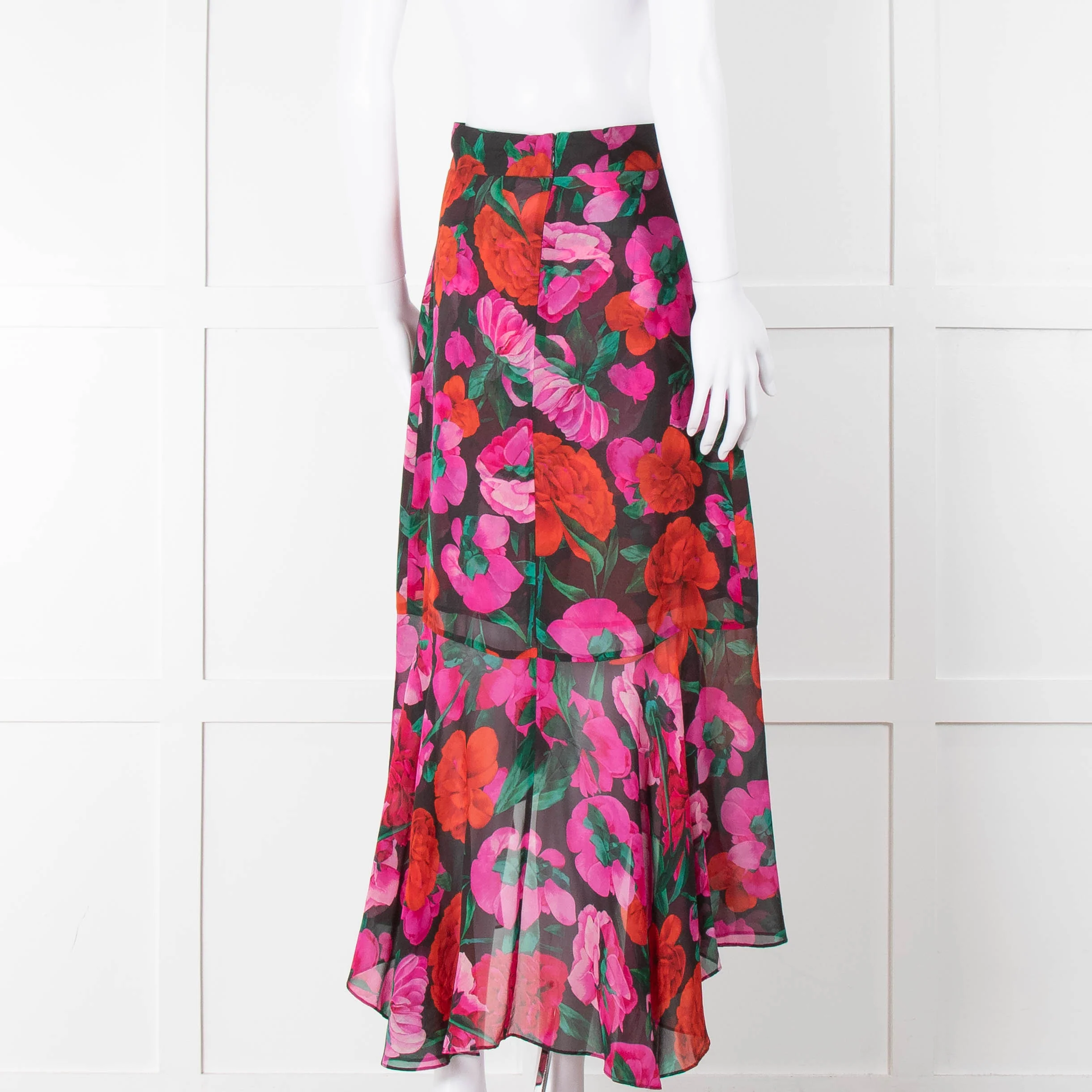 The Kooples Black Red Pink Rose Print Frill Trim Skirt - Image 4