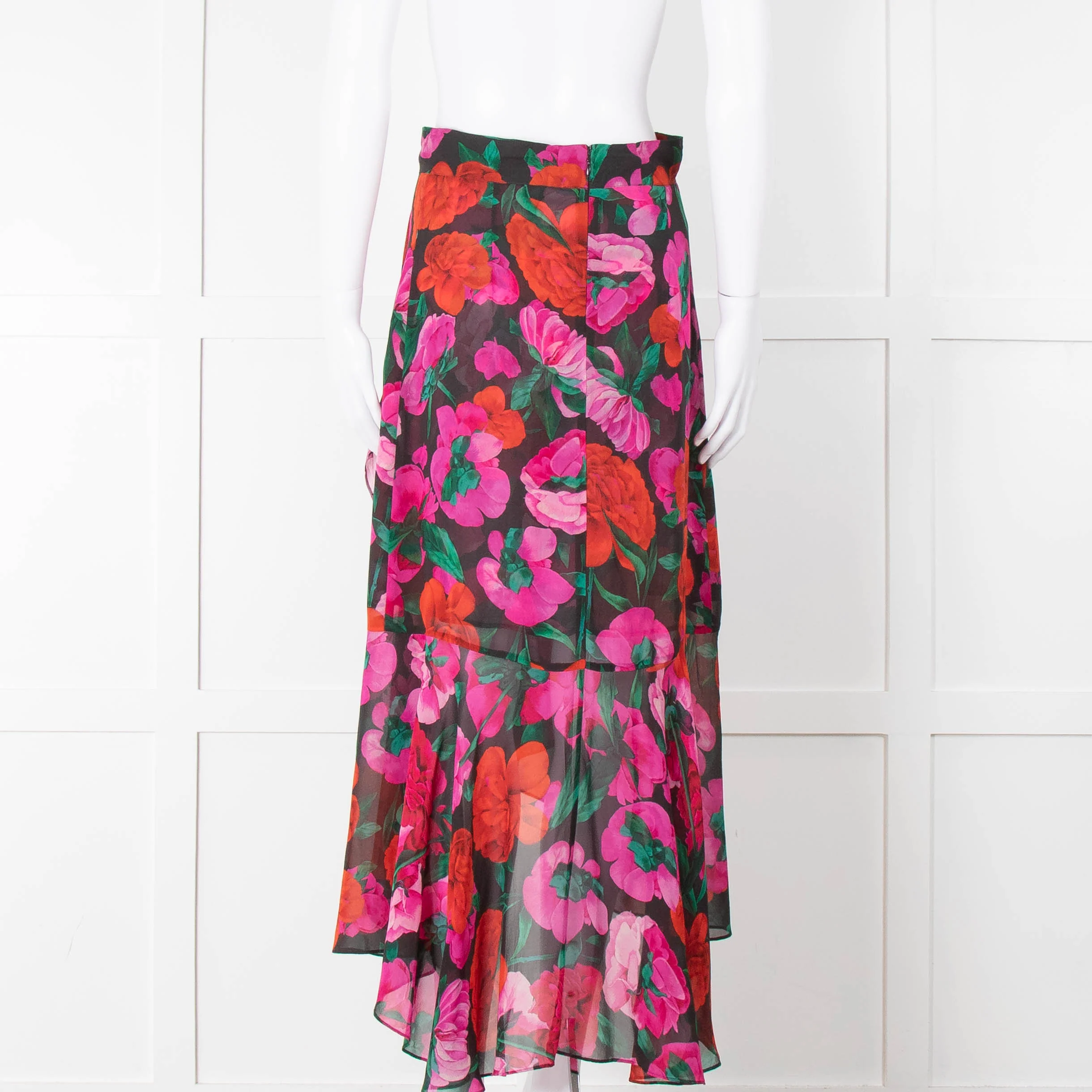The Kooples Black Red Pink Rose Print Frill Trim Skirt - Image 5