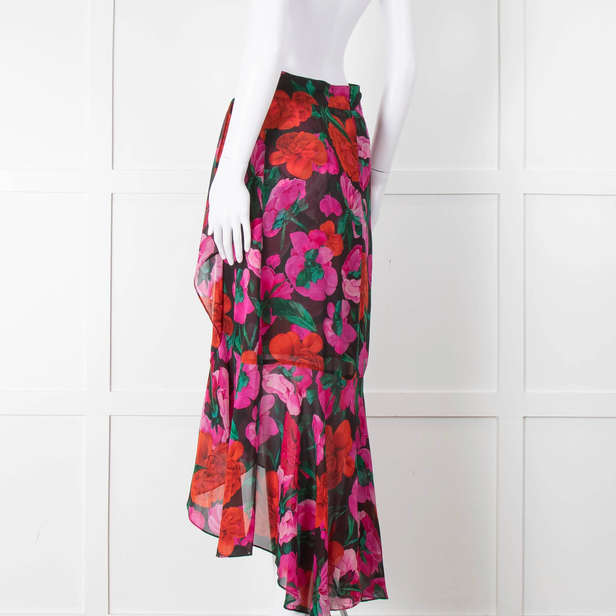 The Kooples Black Red Pink Rose Print Frill Trim Skirt - Image 6