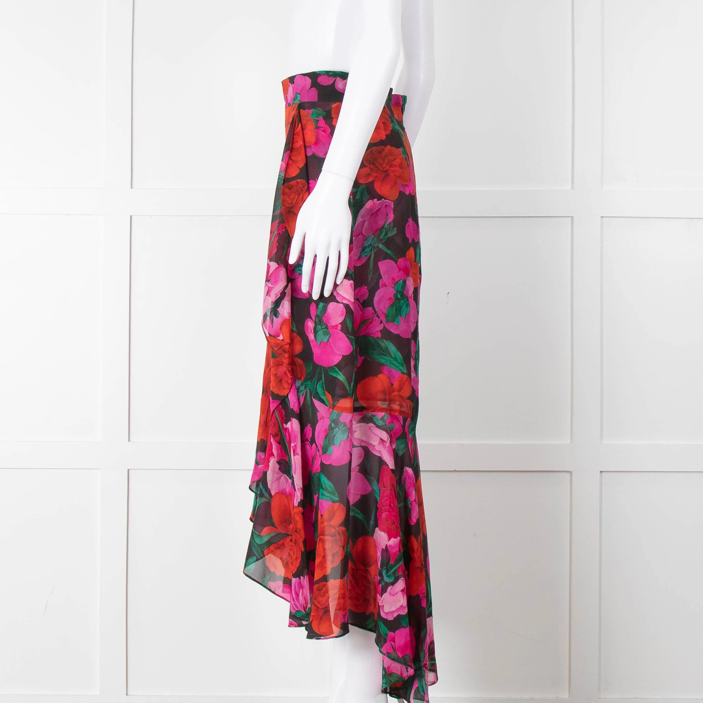 The Kooples Black Red Pink Rose Print Frill Trim Skirt - Image 7