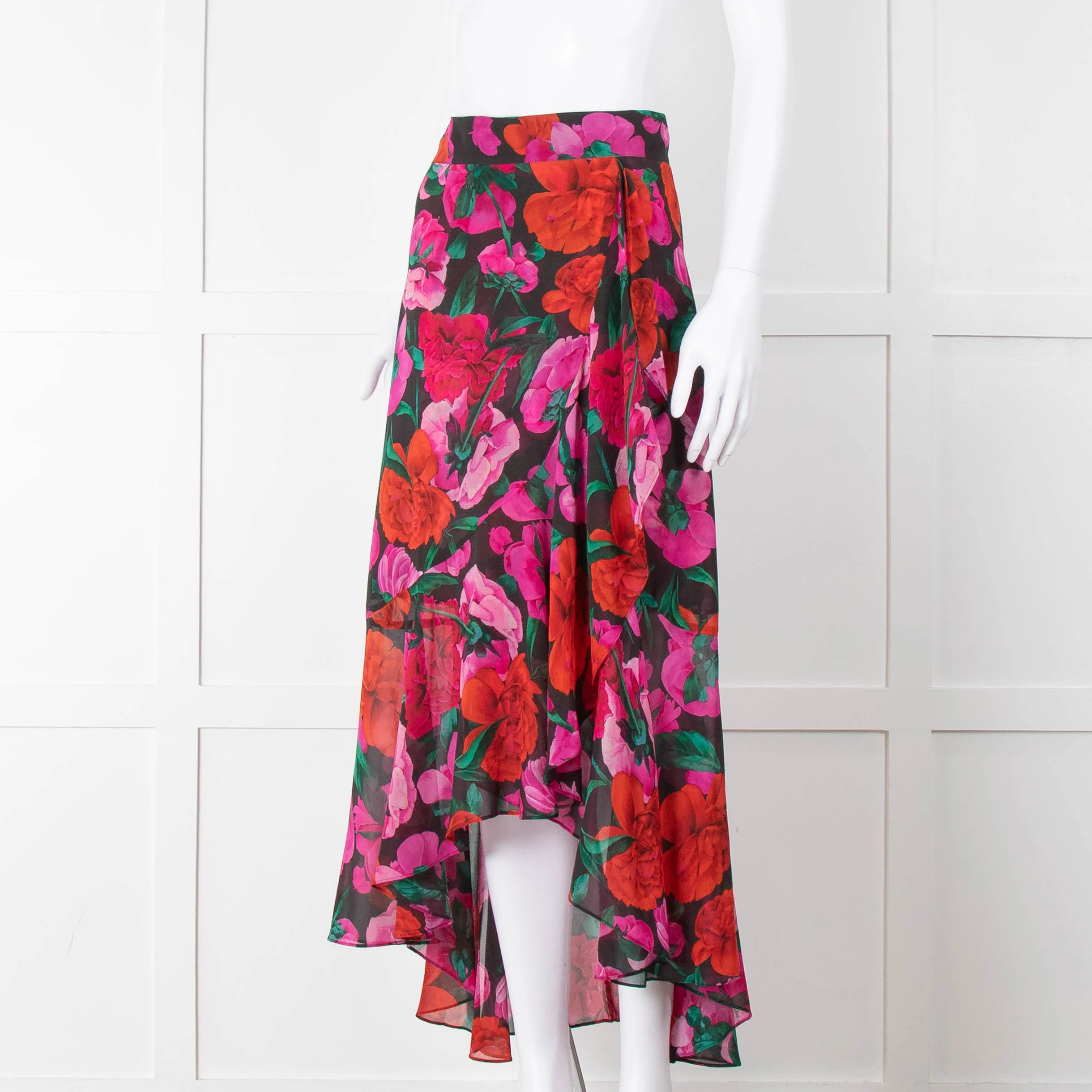 The Kooples Black Red Pink Rose Print Frill Trim Skirt - Image 8