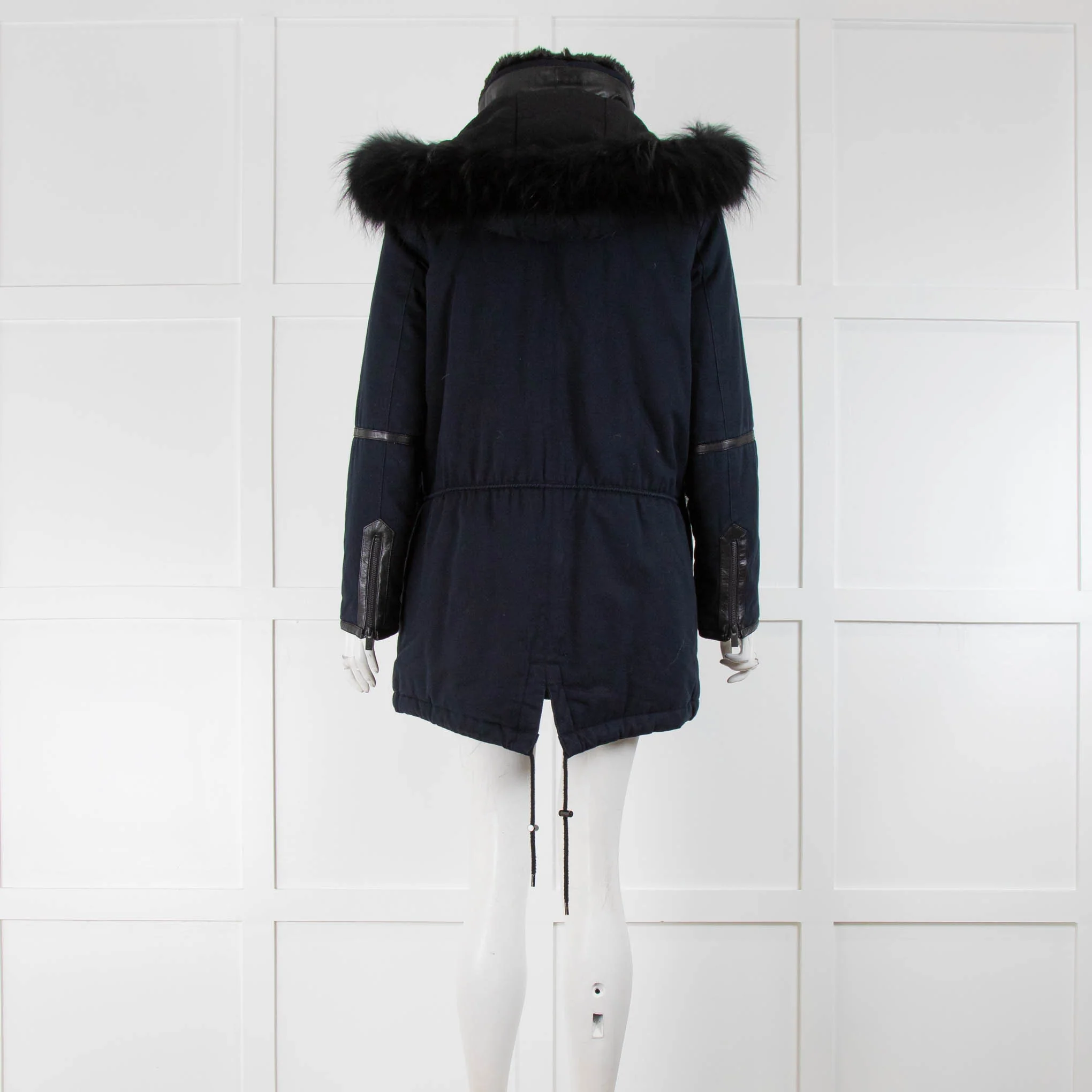 The Kooples Navy Blue Parka With Leather And Fur Trim - Image 3