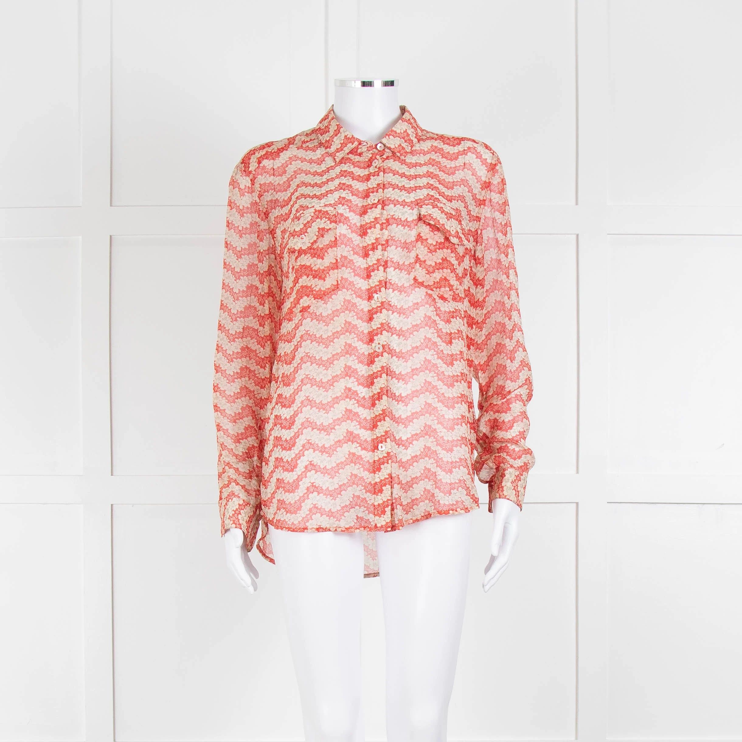 The Kooples Red Cream Floral Sheer Long Sleeve Shirt