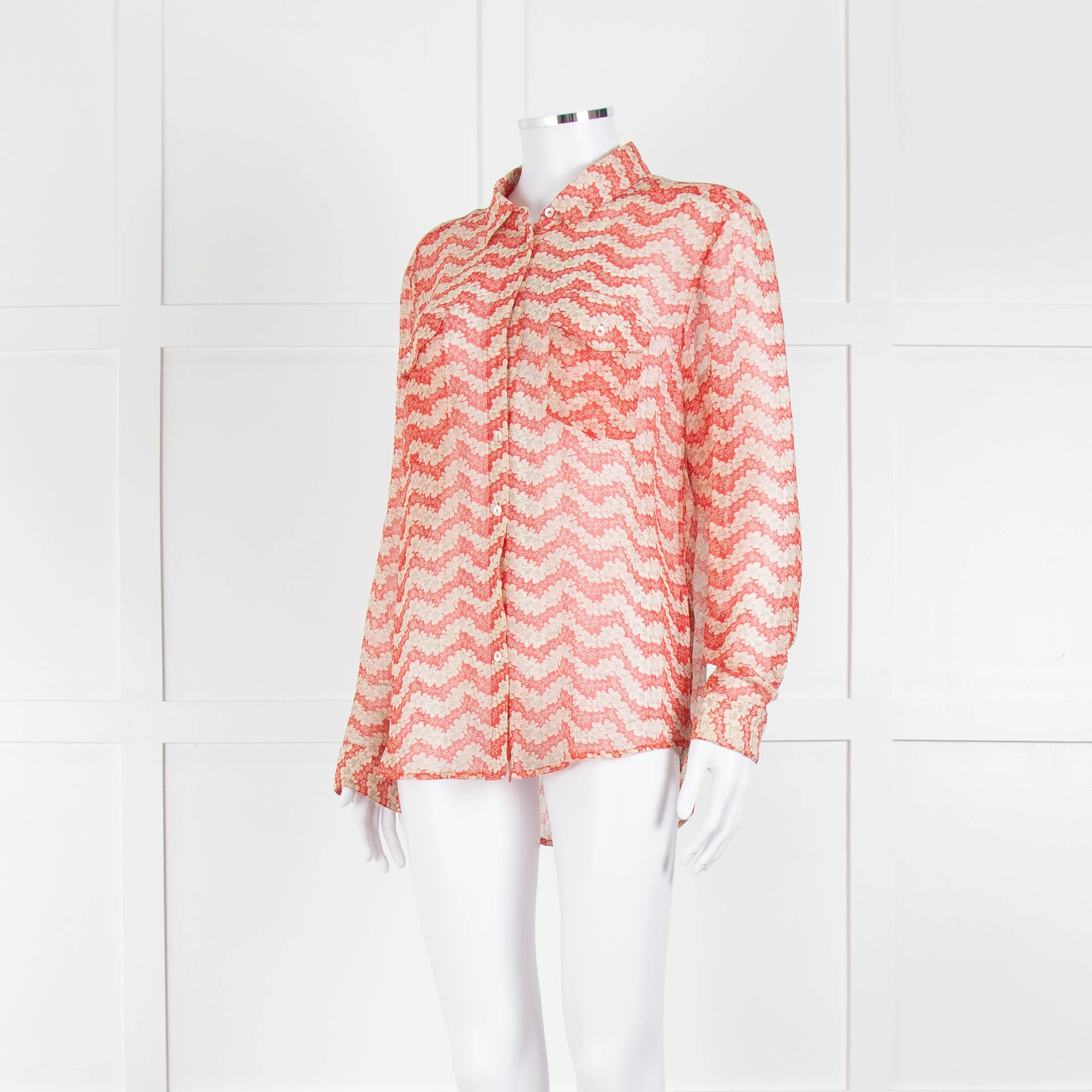 The Kooples Red Cream Floral Sheer Long Sleeve Shirt - Image 8