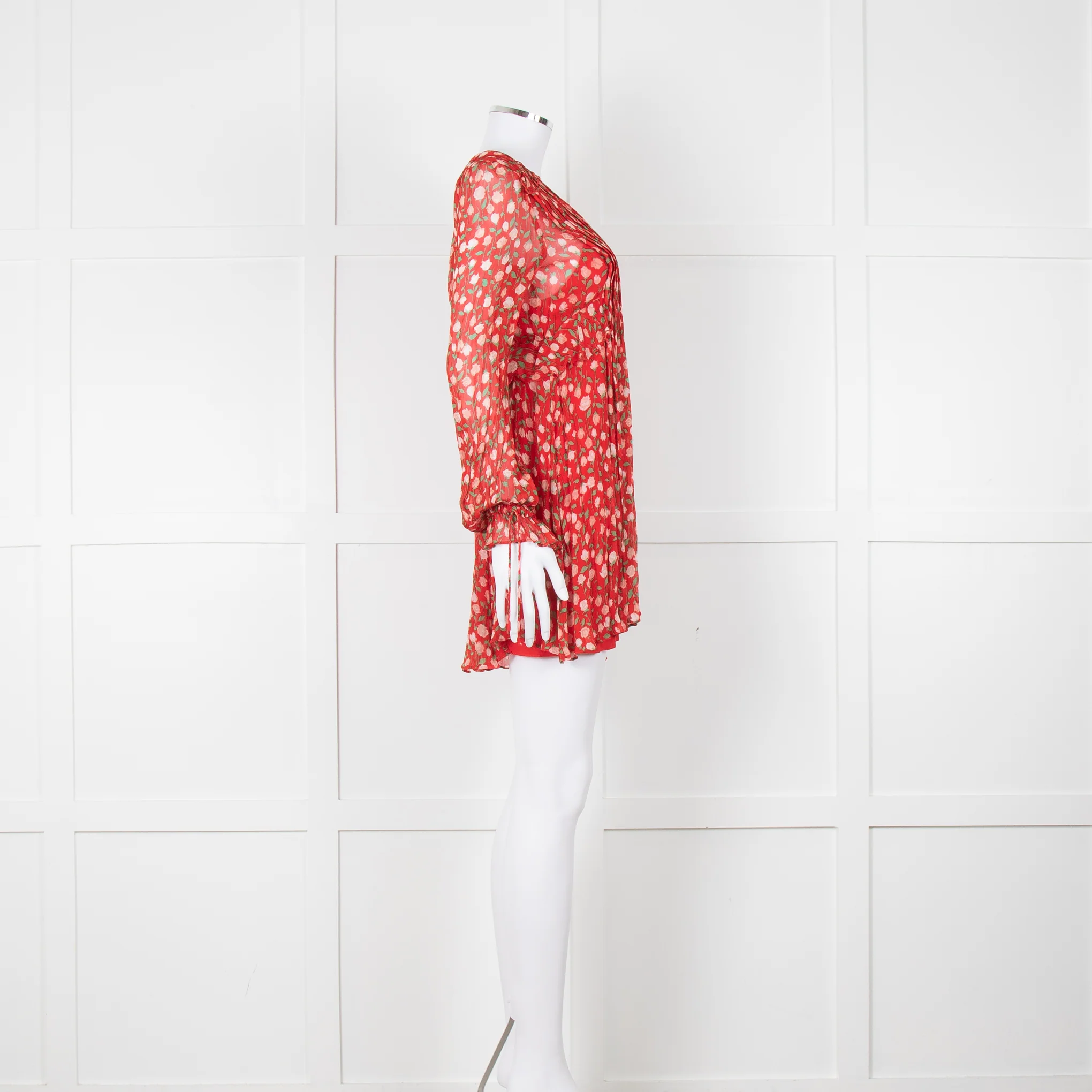 The Kooples Red Pink Green Floral Print Sleeved Dress - Image 3