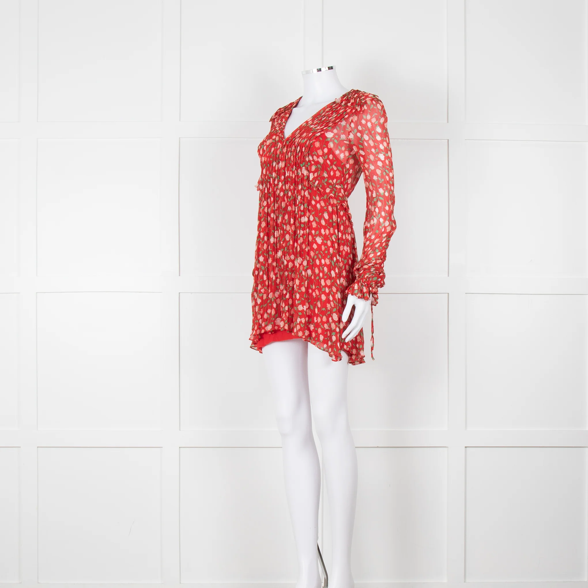 The Kooples Red Pink Green Floral Print Sleeved Dress - Image 8