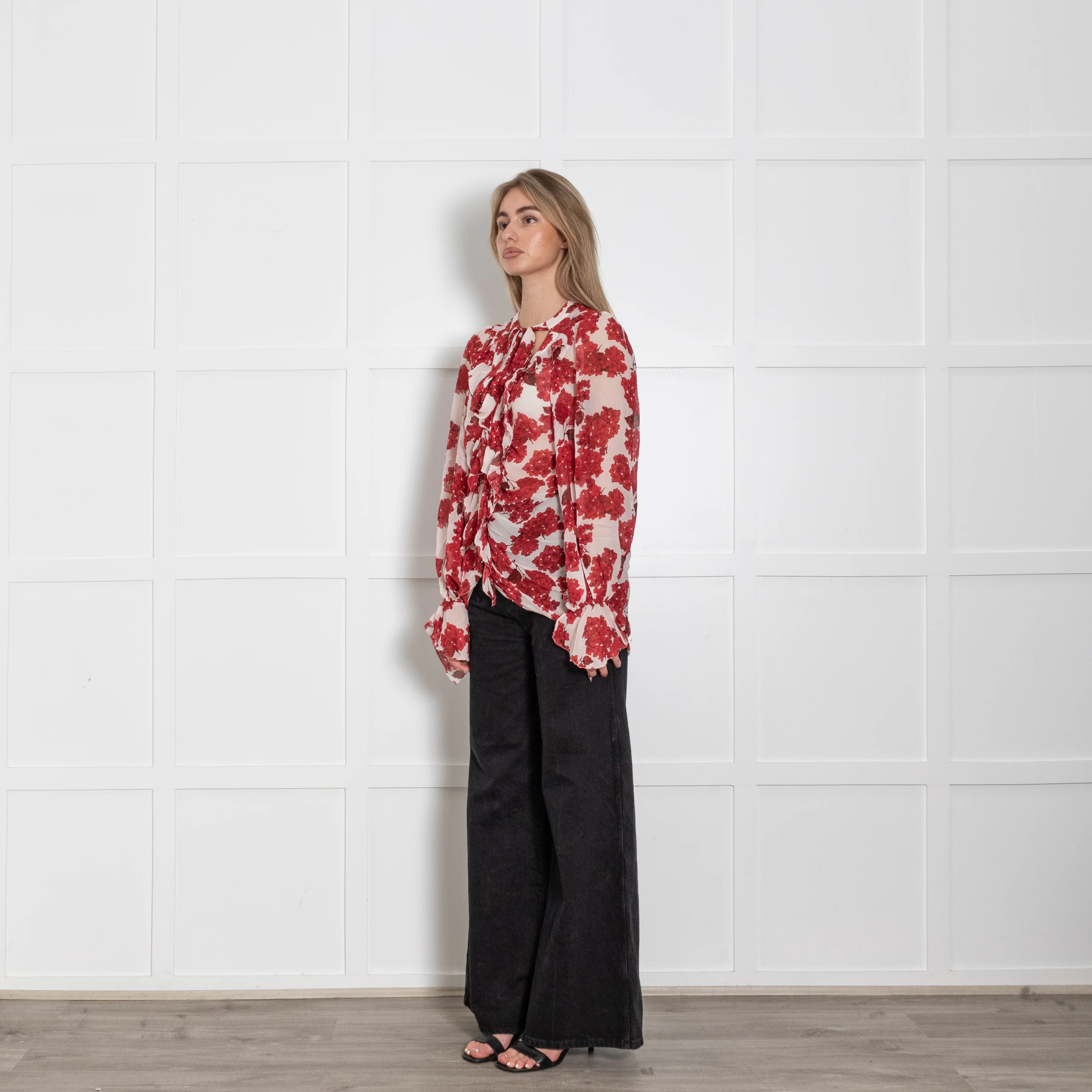 The Kooples White Red Floral Sheer Frill Trim Blouse - Image 2