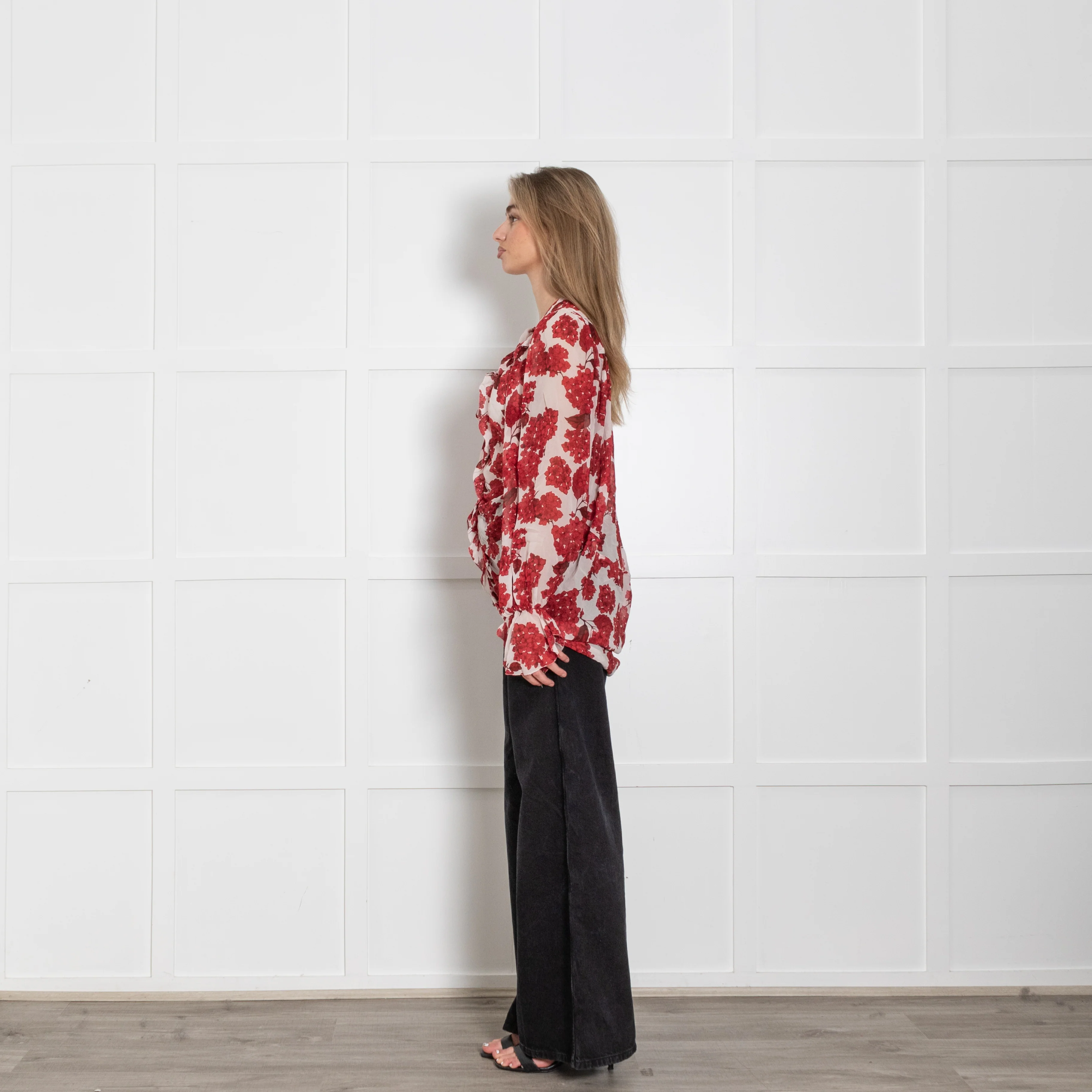 The Kooples White Red Floral Sheer Frill Trim Blouse - Image 3