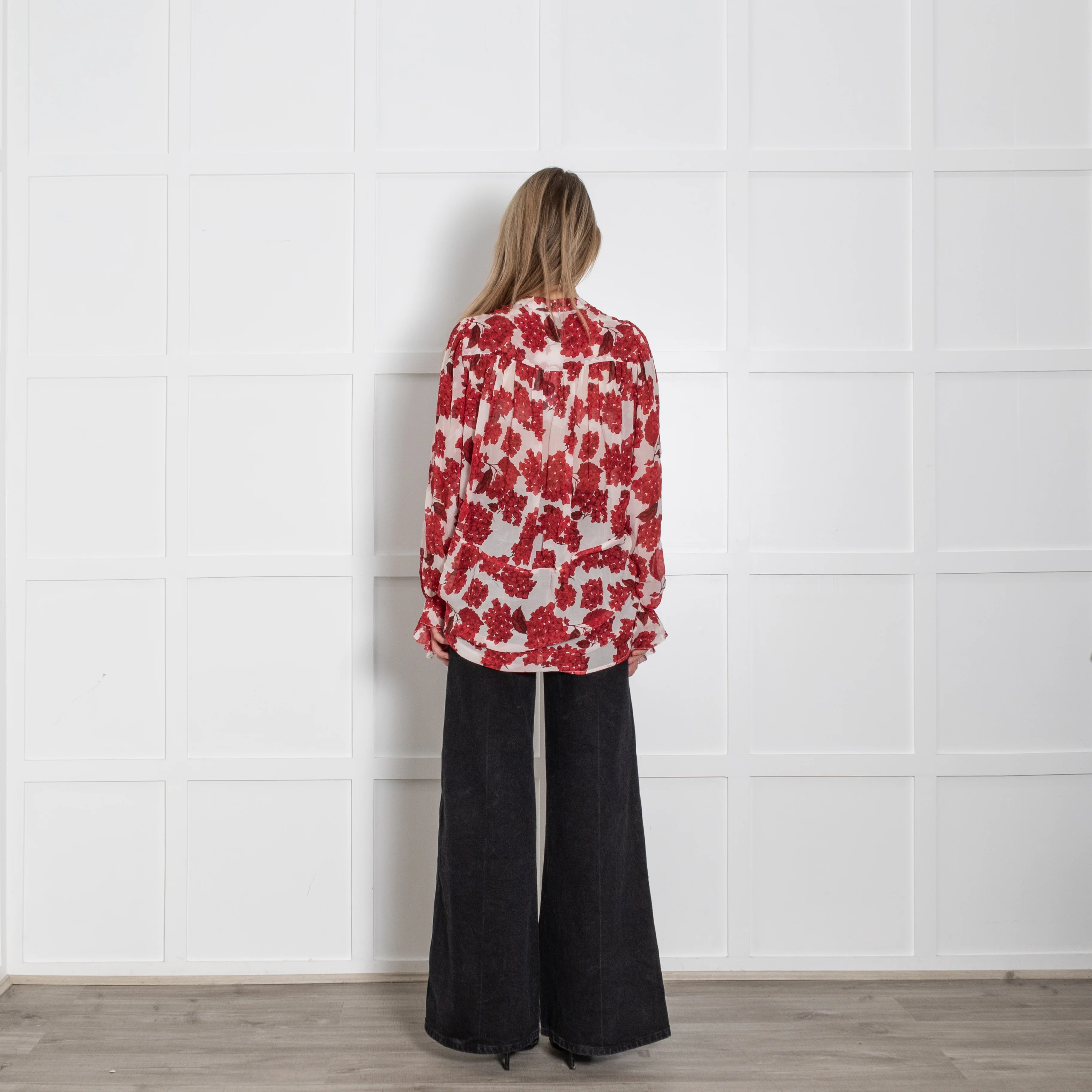 The Kooples White Red Floral Sheer Frill Trim Blouse - Image 4