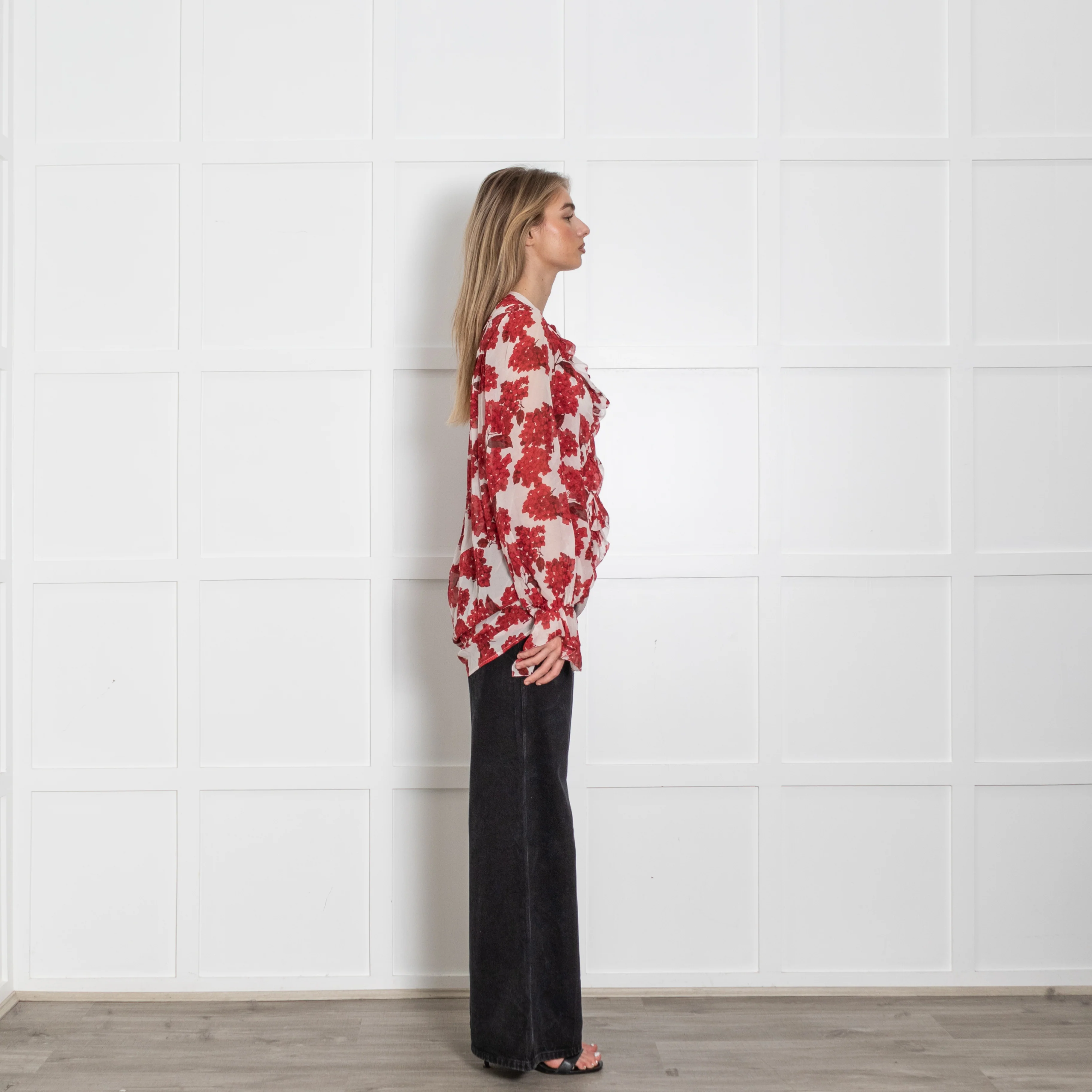 The Kooples White Red Floral Sheer Frill Trim Blouse - Image 5
