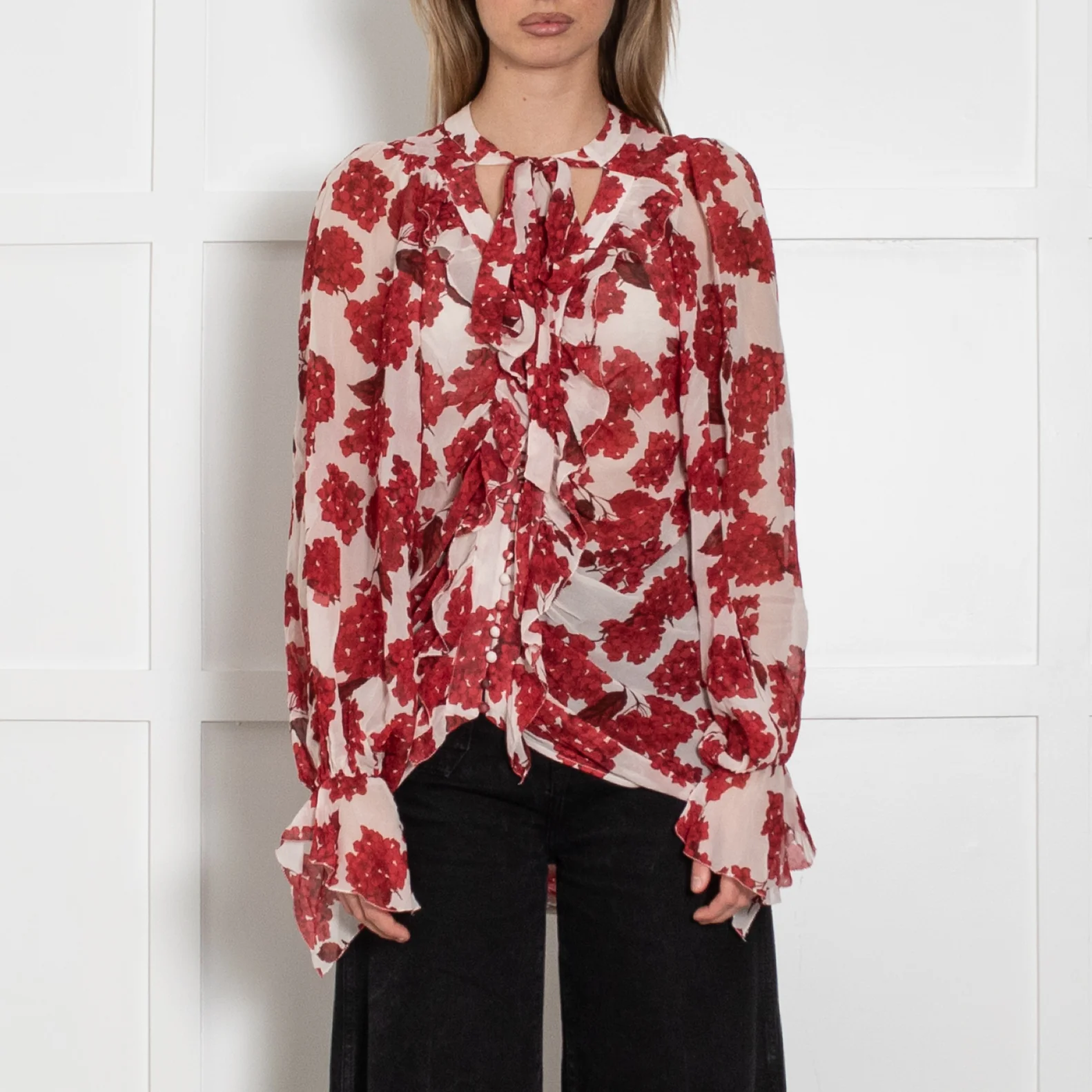 The Kooples White Red Floral Sheer Frill Trim Blouse - Image 7