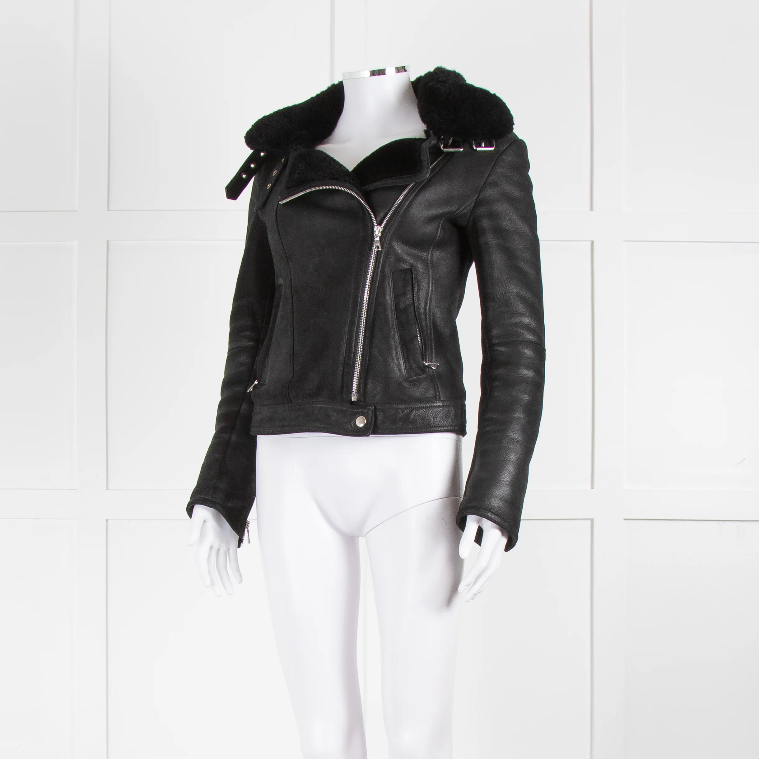 Theory Black Shearling Leather Biker Jacket - Image 8