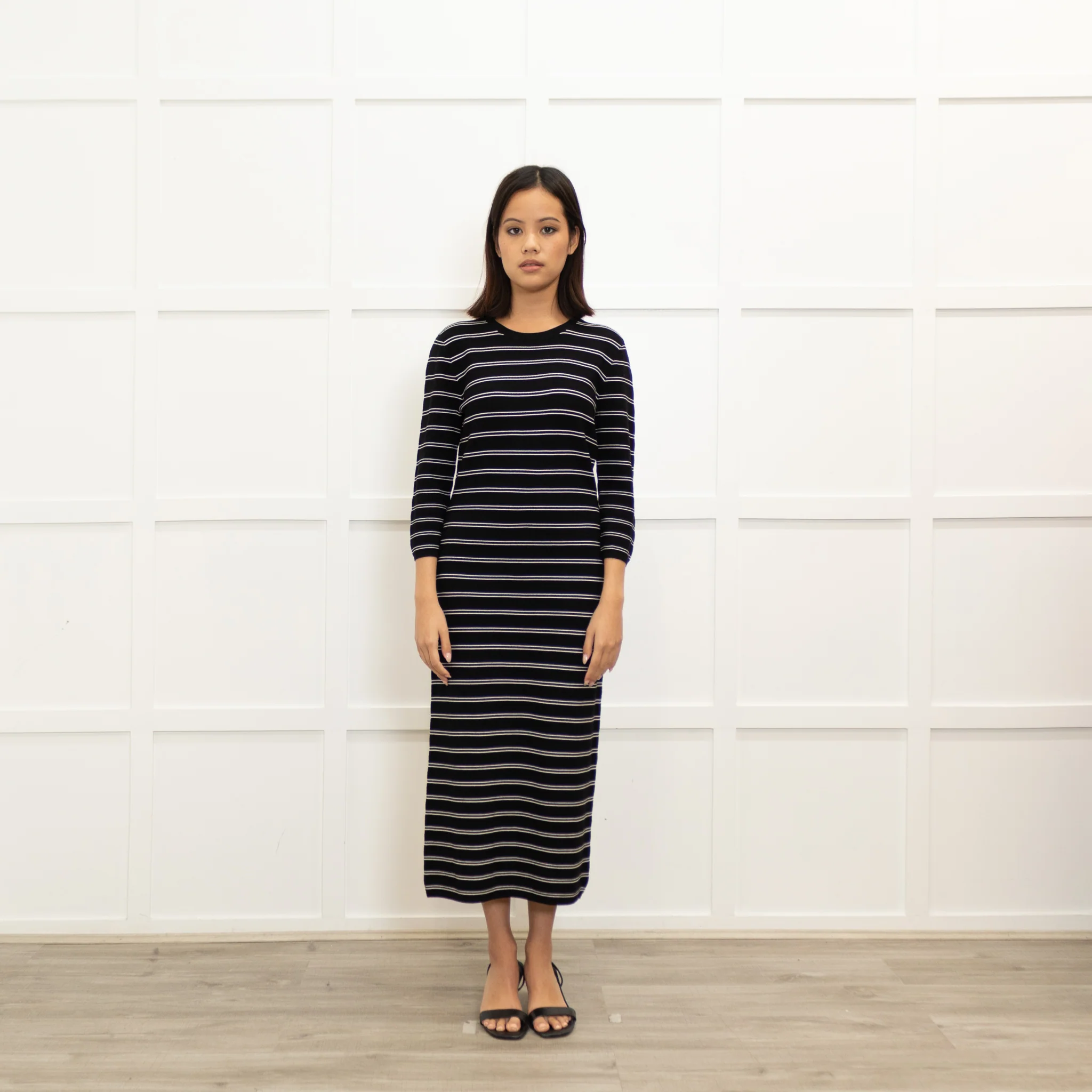 Theory Black White Striped Stretchy Midi Dress