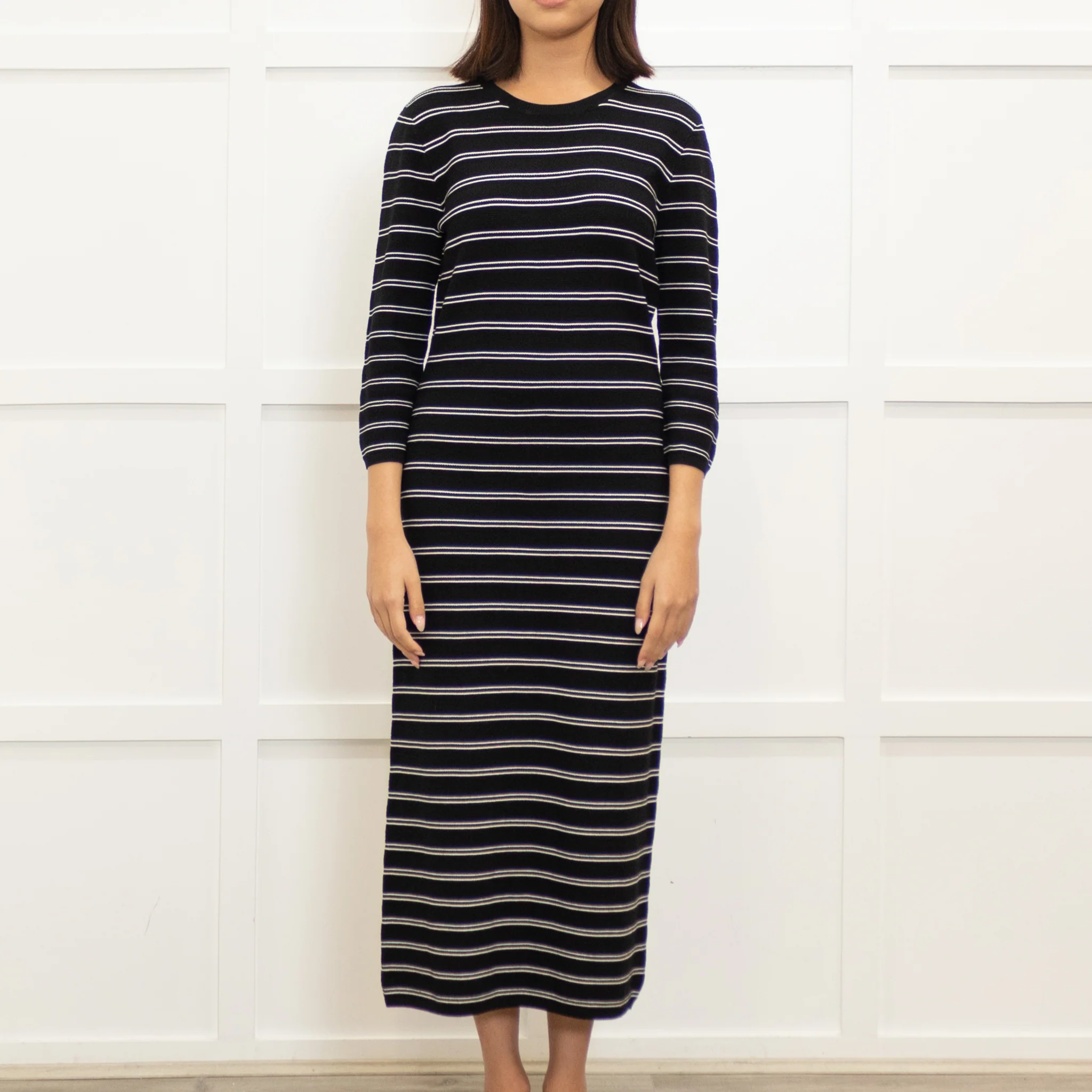 Theory Black White Striped Stretchy Midi Dress - Image 2