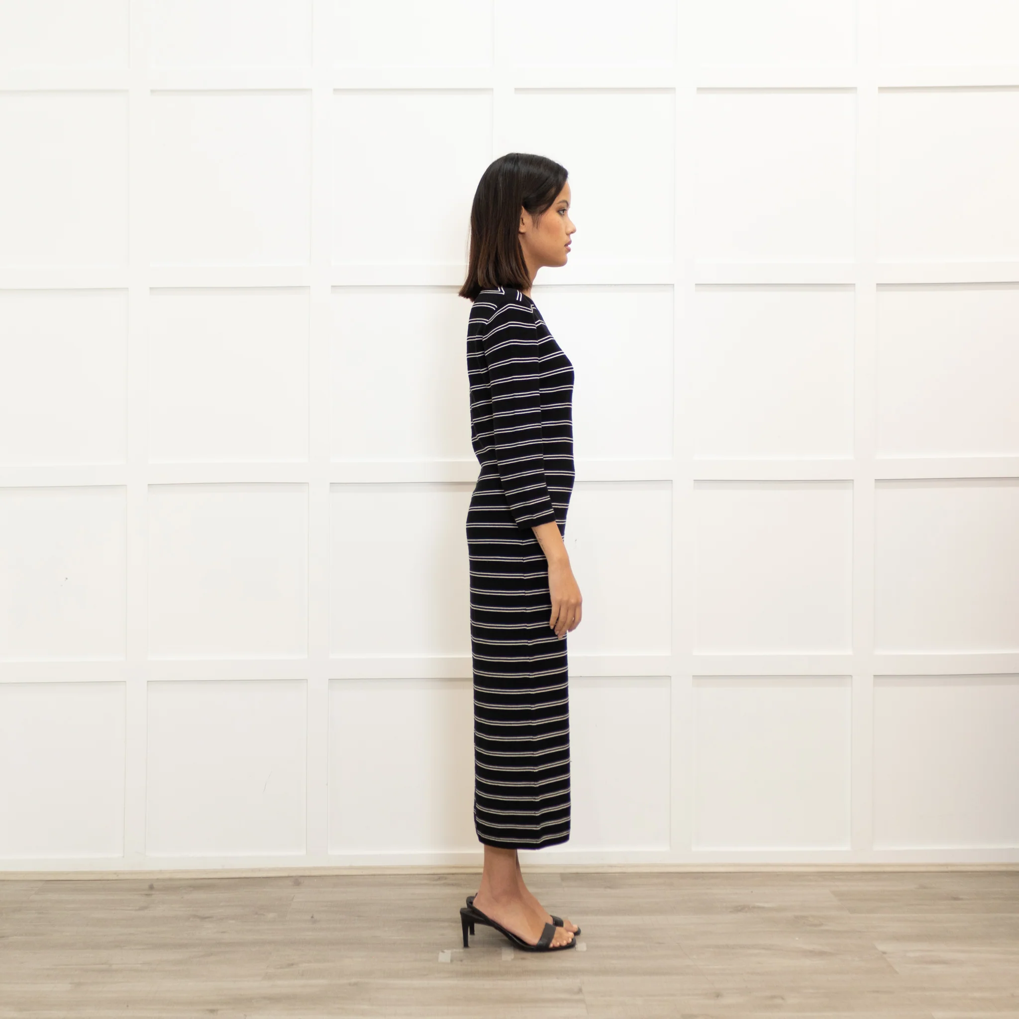 Theory Black White Striped Stretchy Midi Dress - Image 4