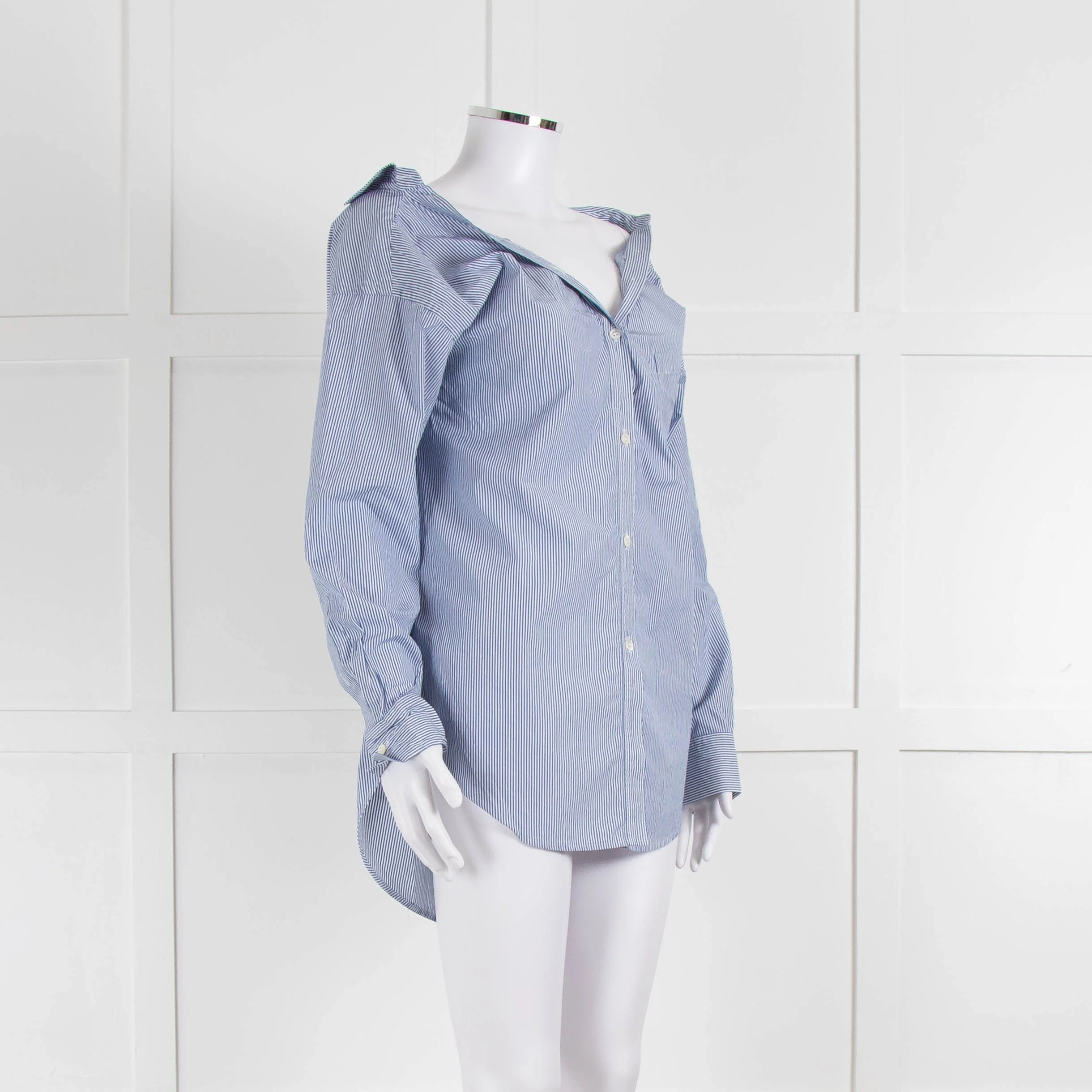Theory Blue and White Micro Stripe Off Shoulder Collared Shirt - Image 2