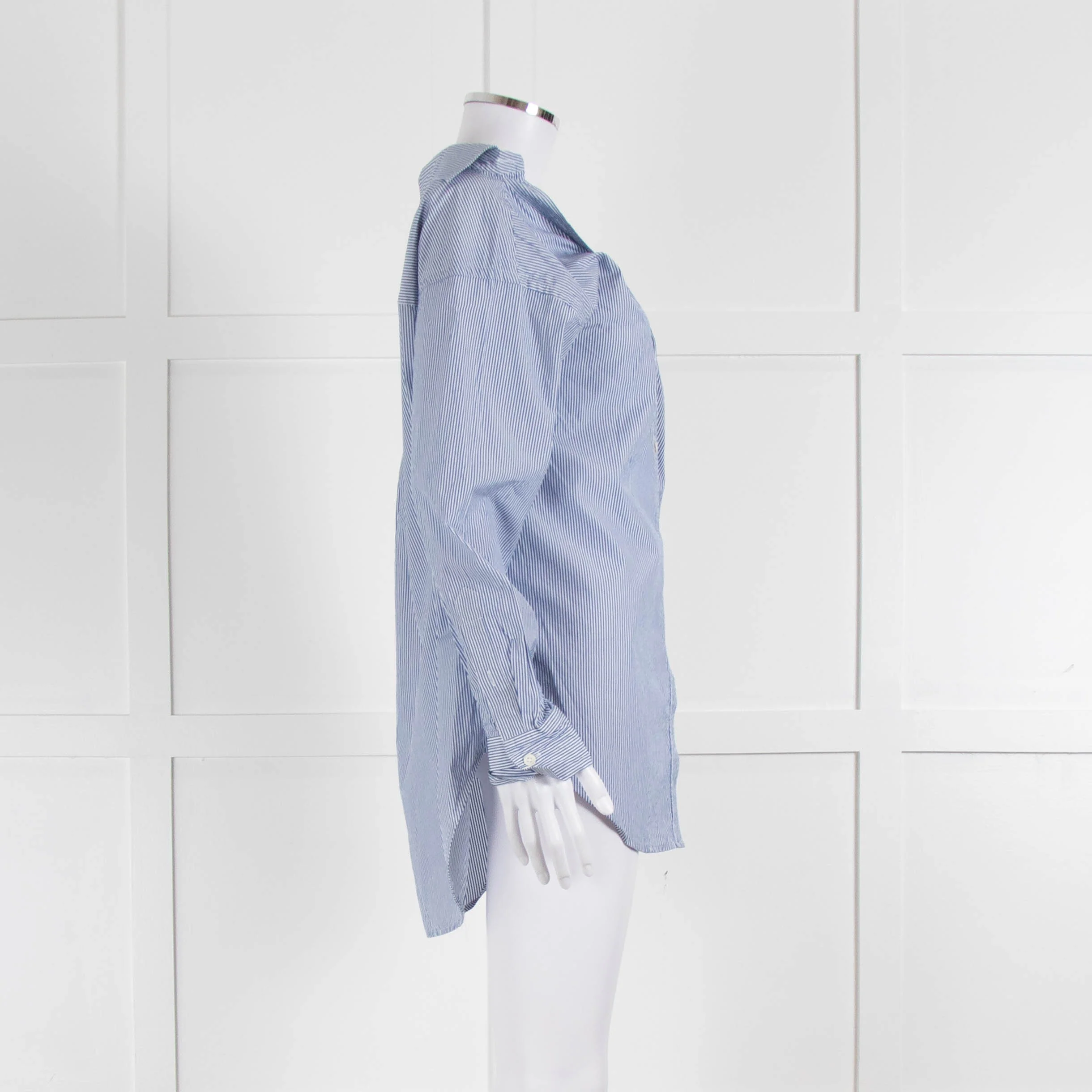 Theory Blue and White Micro Stripe Off Shoulder Collared Shirt - Image 3