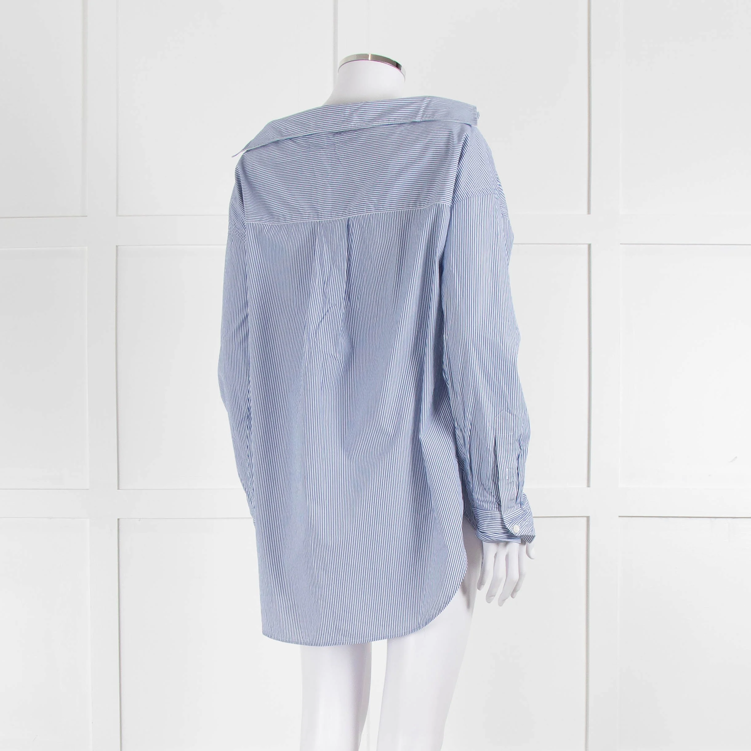 Theory Blue and White Micro Stripe Off Shoulder Collared Shirt - Image 4