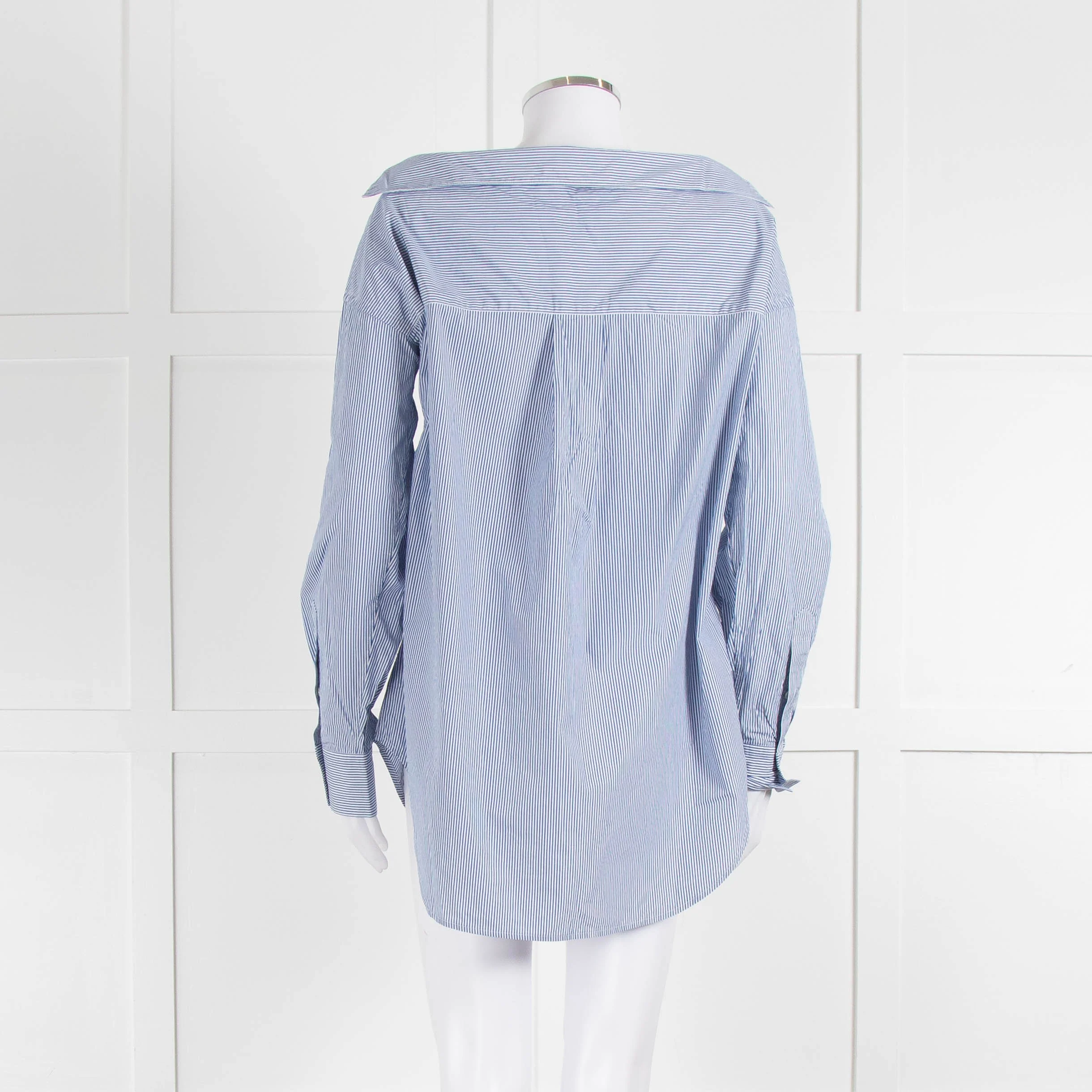 Theory Blue and White Micro Stripe Off Shoulder Collared Shirt - Image 5