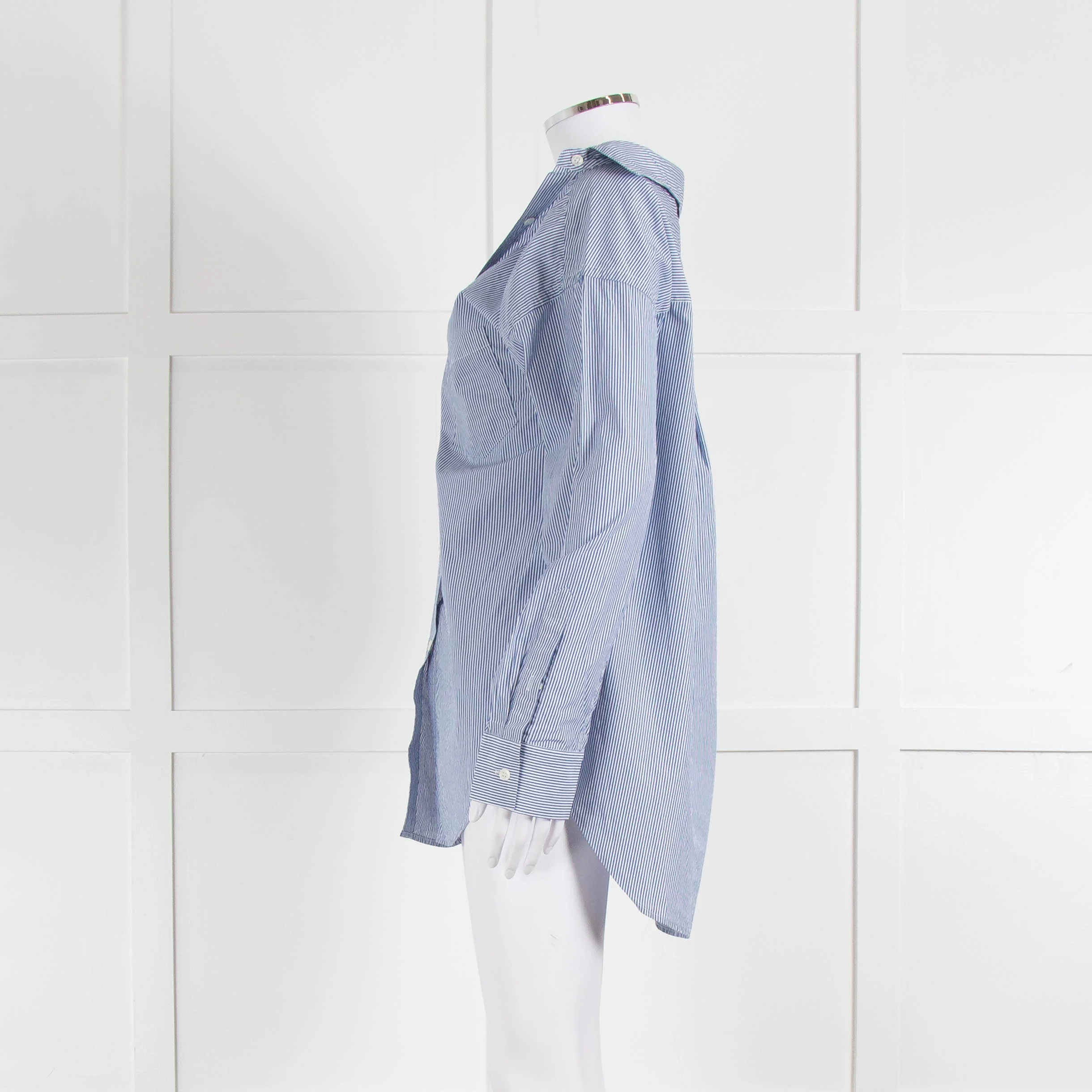 Theory Blue and White Micro Stripe Off Shoulder Collared Shirt - Image 7