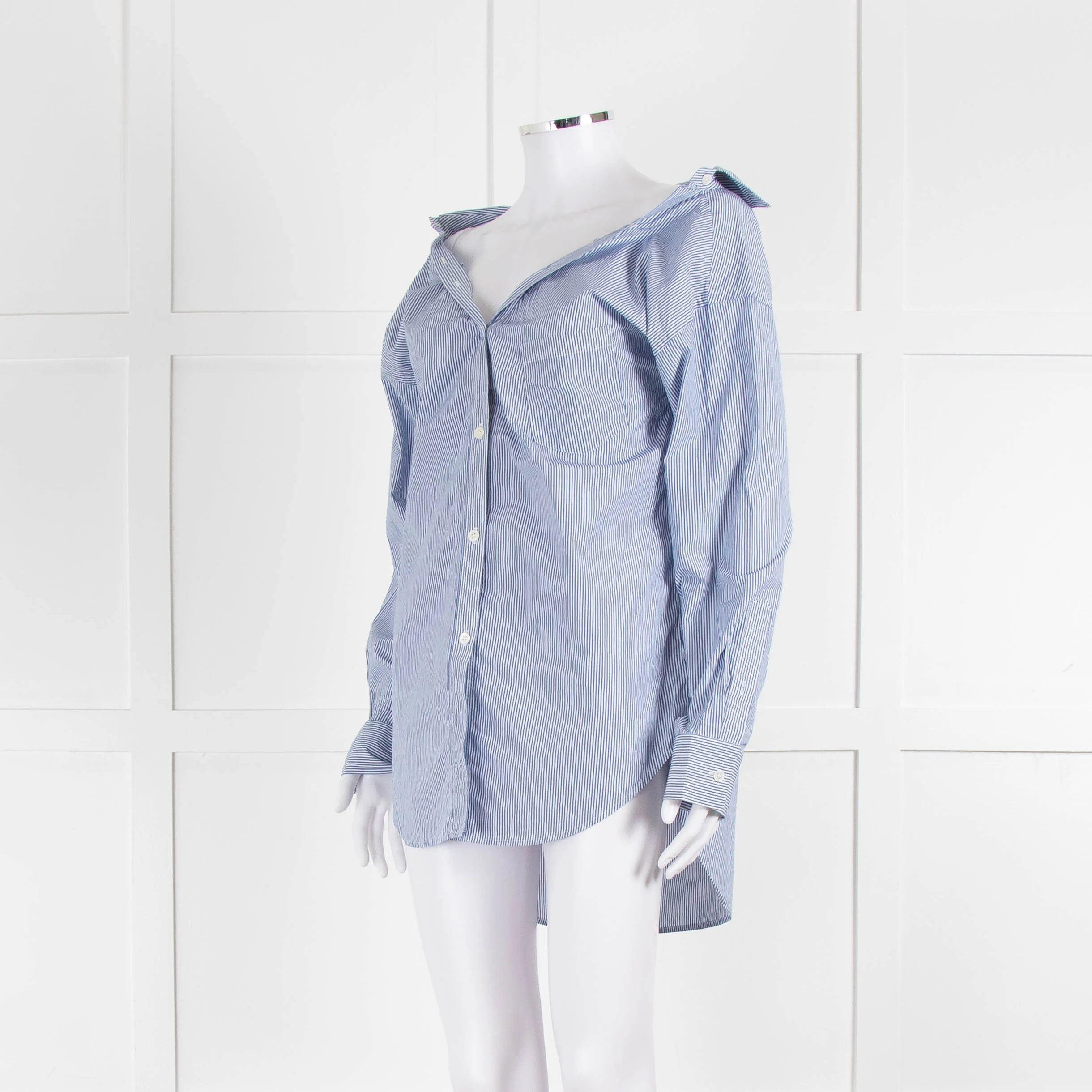 Theory Blue and White Micro Stripe Off Shoulder Collared Shirt - Image 8