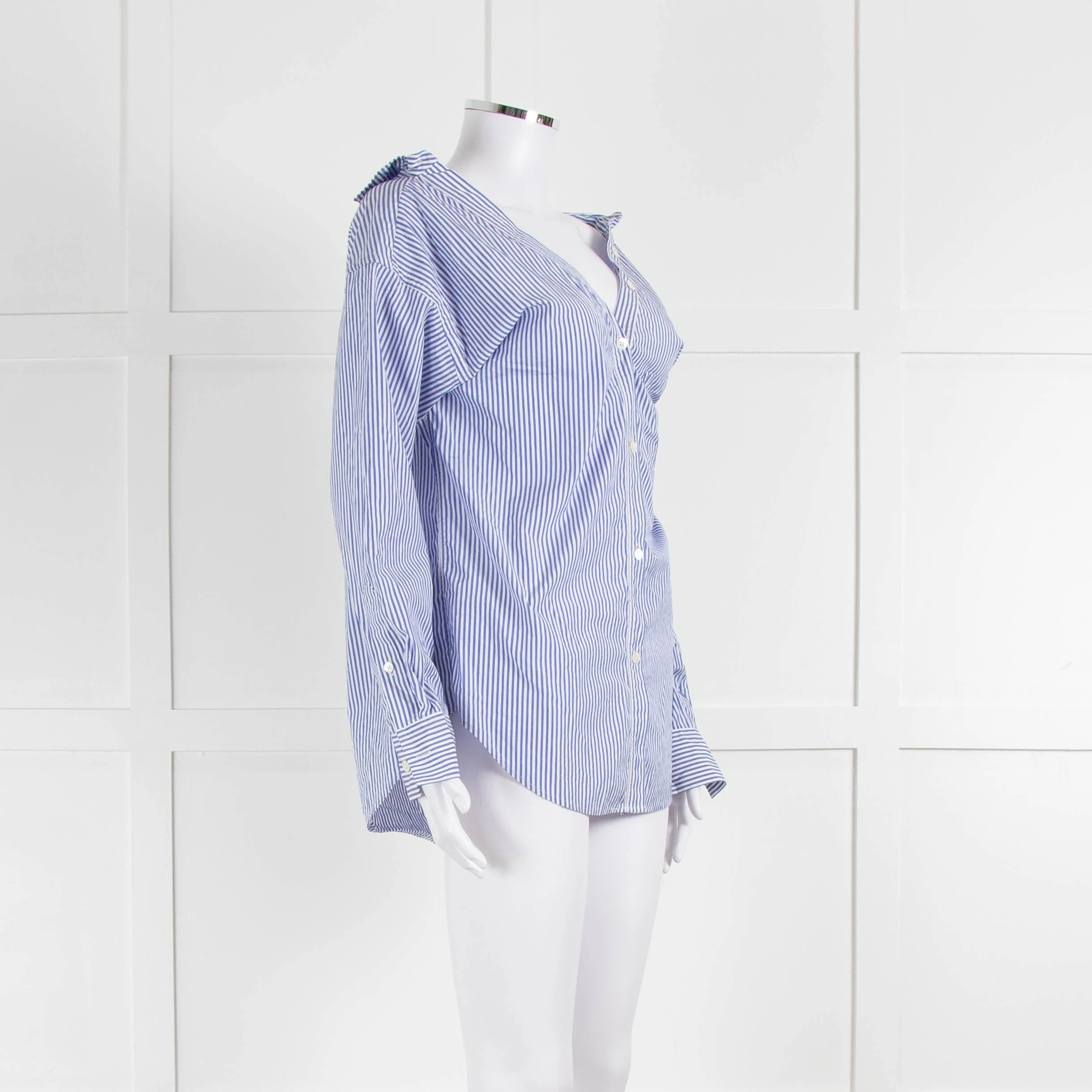 Theory Blue and White Stripe Off Shoulder Collared Shirt - Image 2