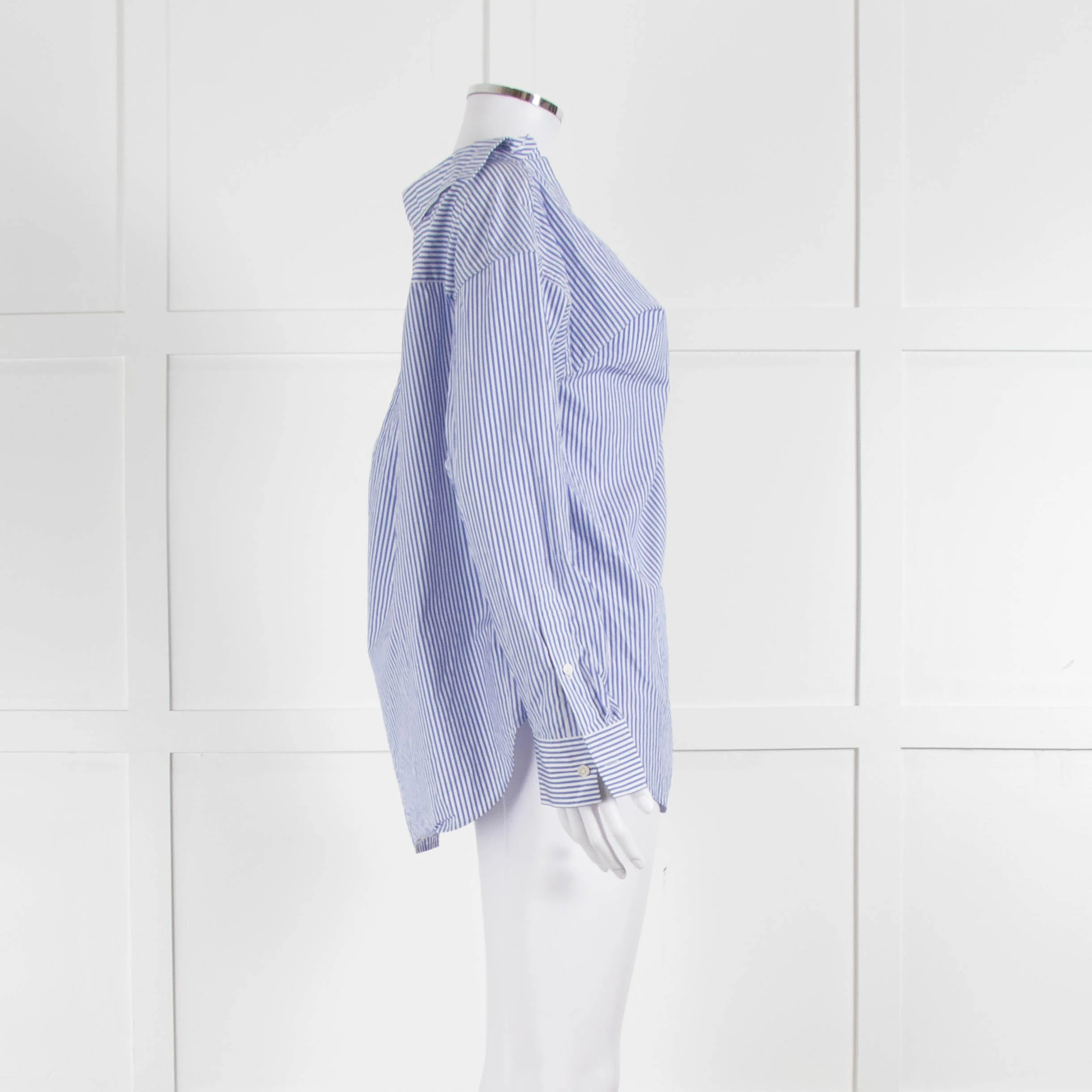 Theory Blue and White Stripe Off Shoulder Collared Shirt - Image 3