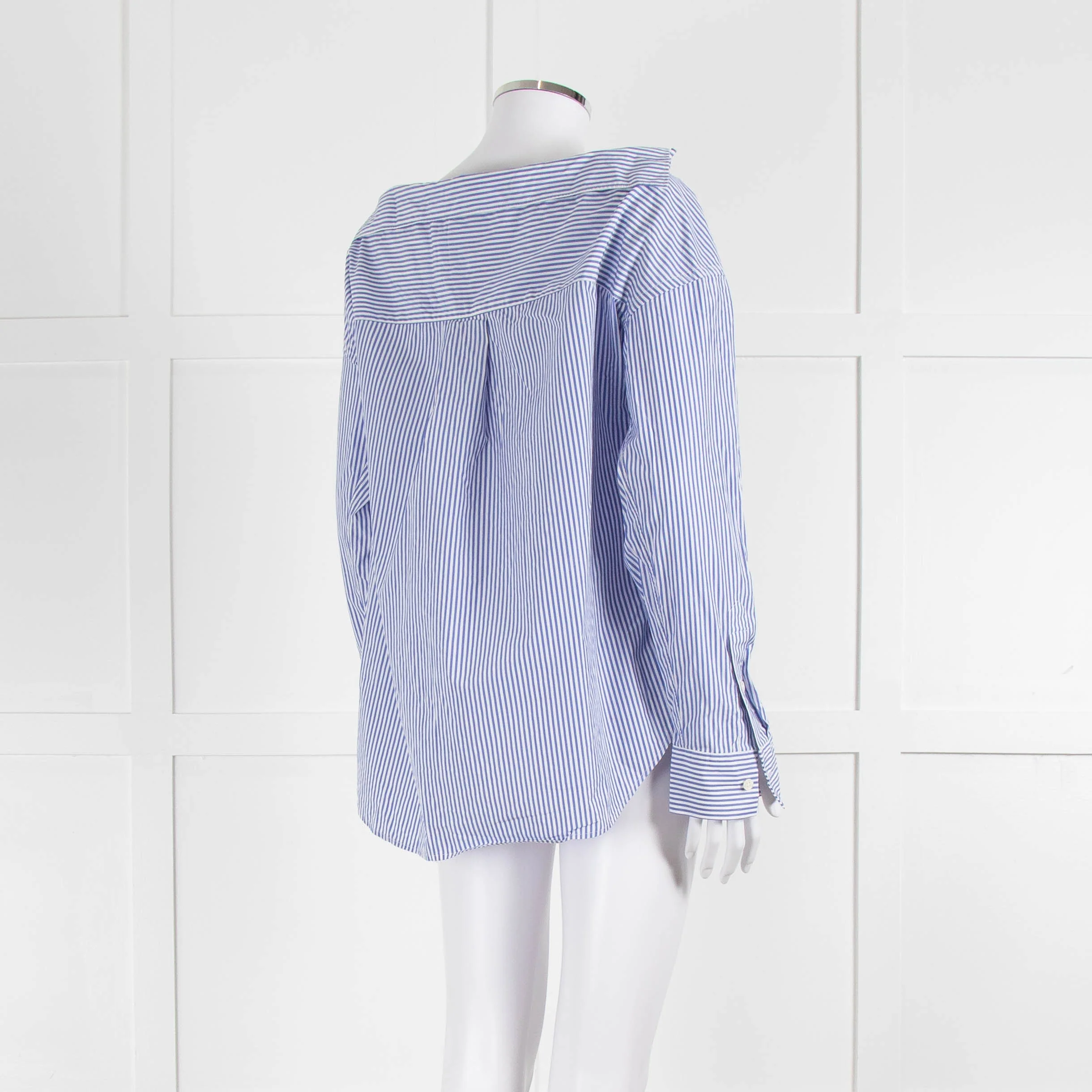 Theory Blue and White Stripe Off Shoulder Collared Shirt - Image 4
