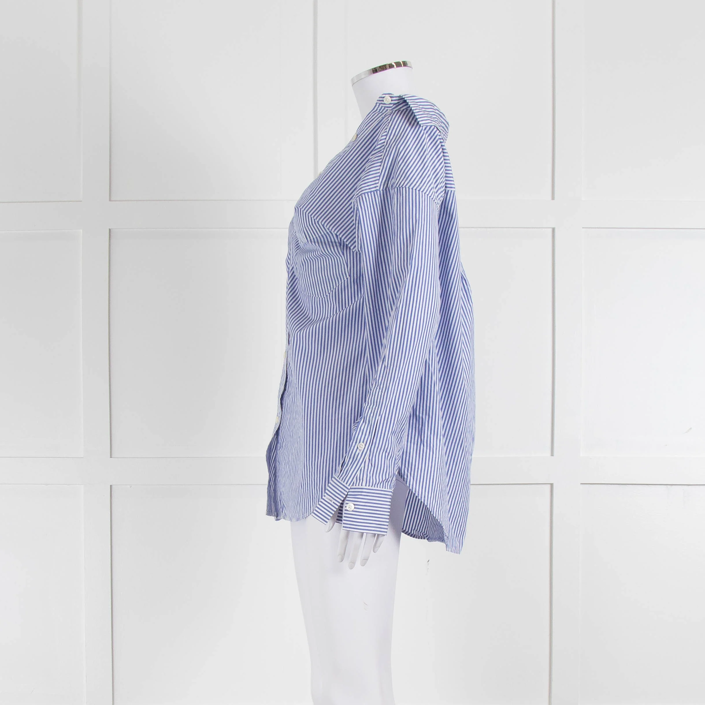 Theory Blue and White Stripe Off Shoulder Collared Shirt - Image 7