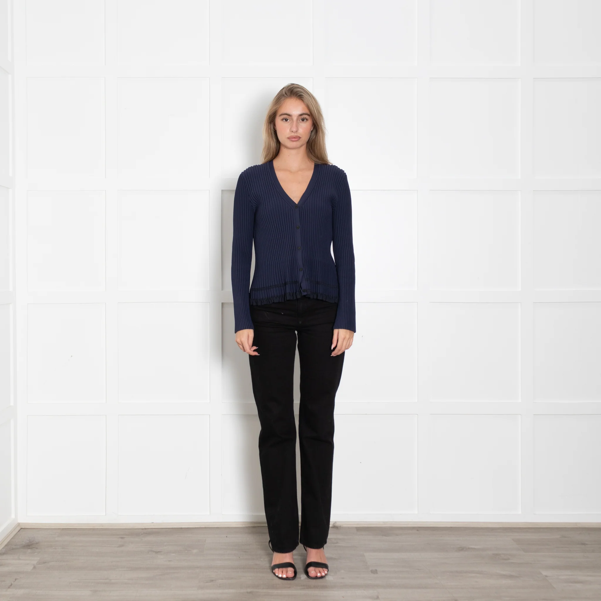 Theory Navy Ribbed Cardigan with Frill Trim