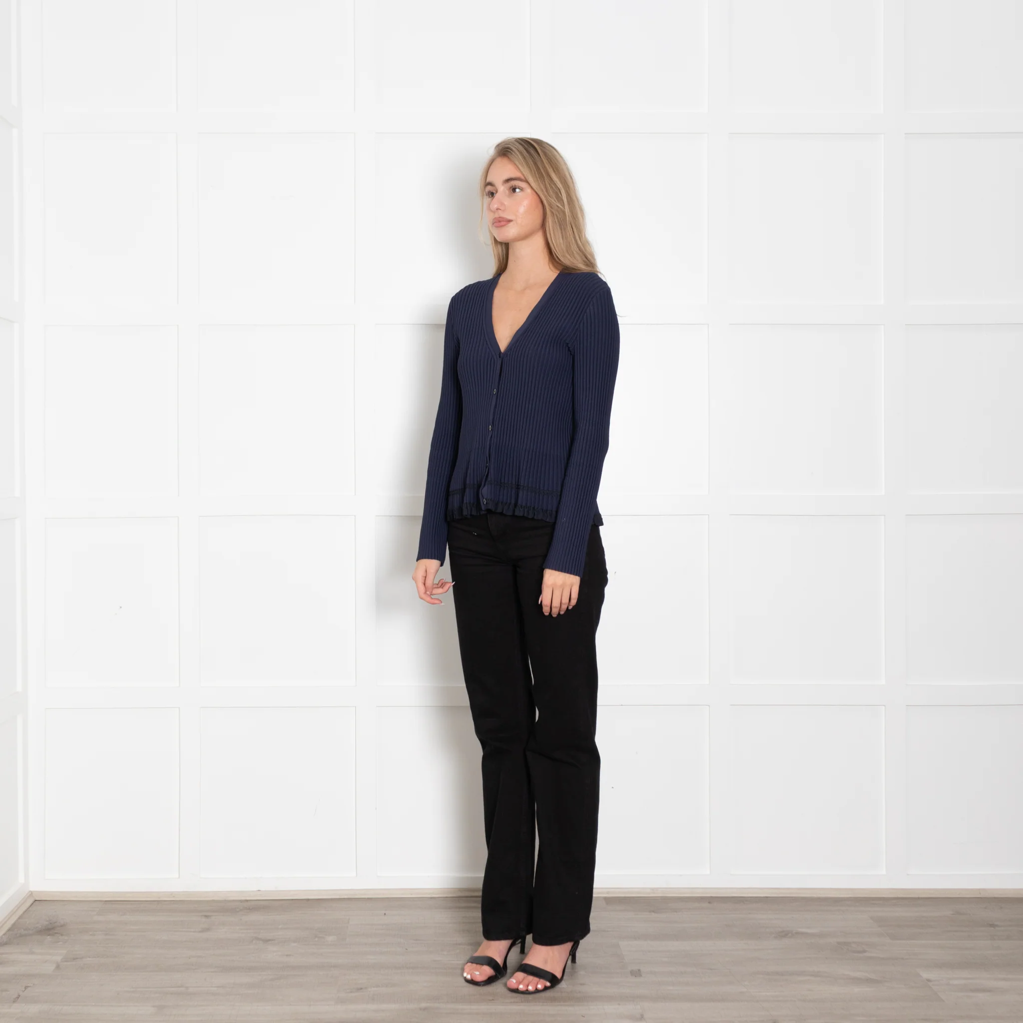 Theory Navy Ribbed Cardigan with Frill Trim - Image 3
