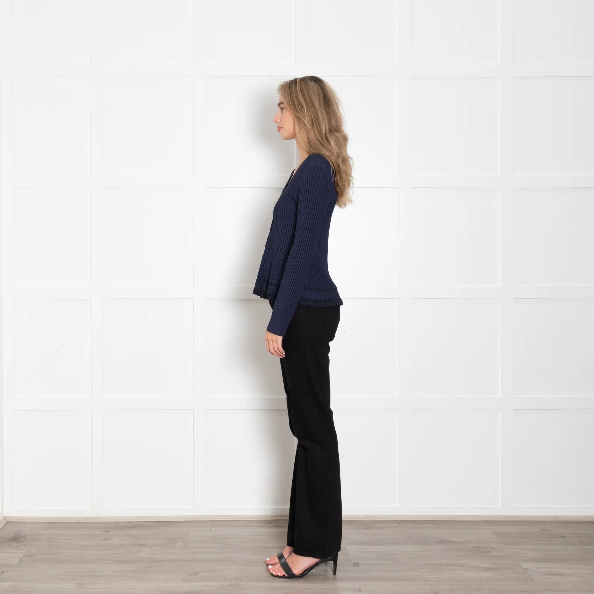 Theory Navy Ribbed Cardigan with Frill Trim - Image 4