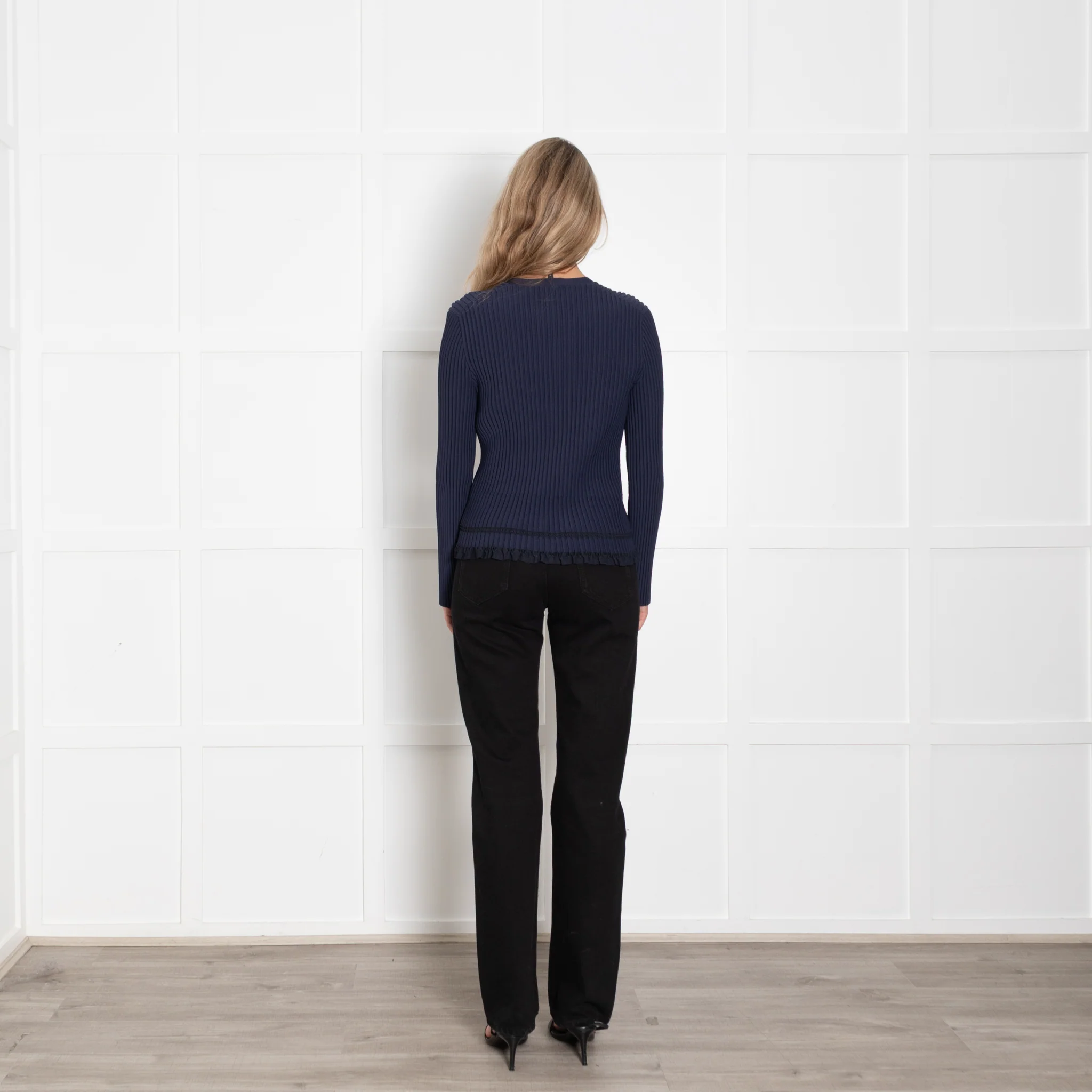 Theory Navy Ribbed Cardigan with Frill Trim - Image 5