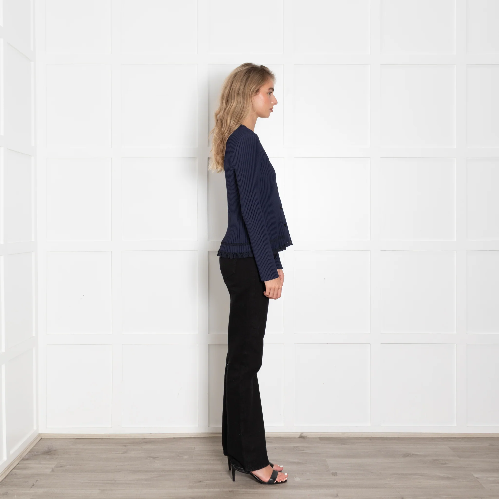 Theory Navy Ribbed Cardigan with Frill Trim - Image 6