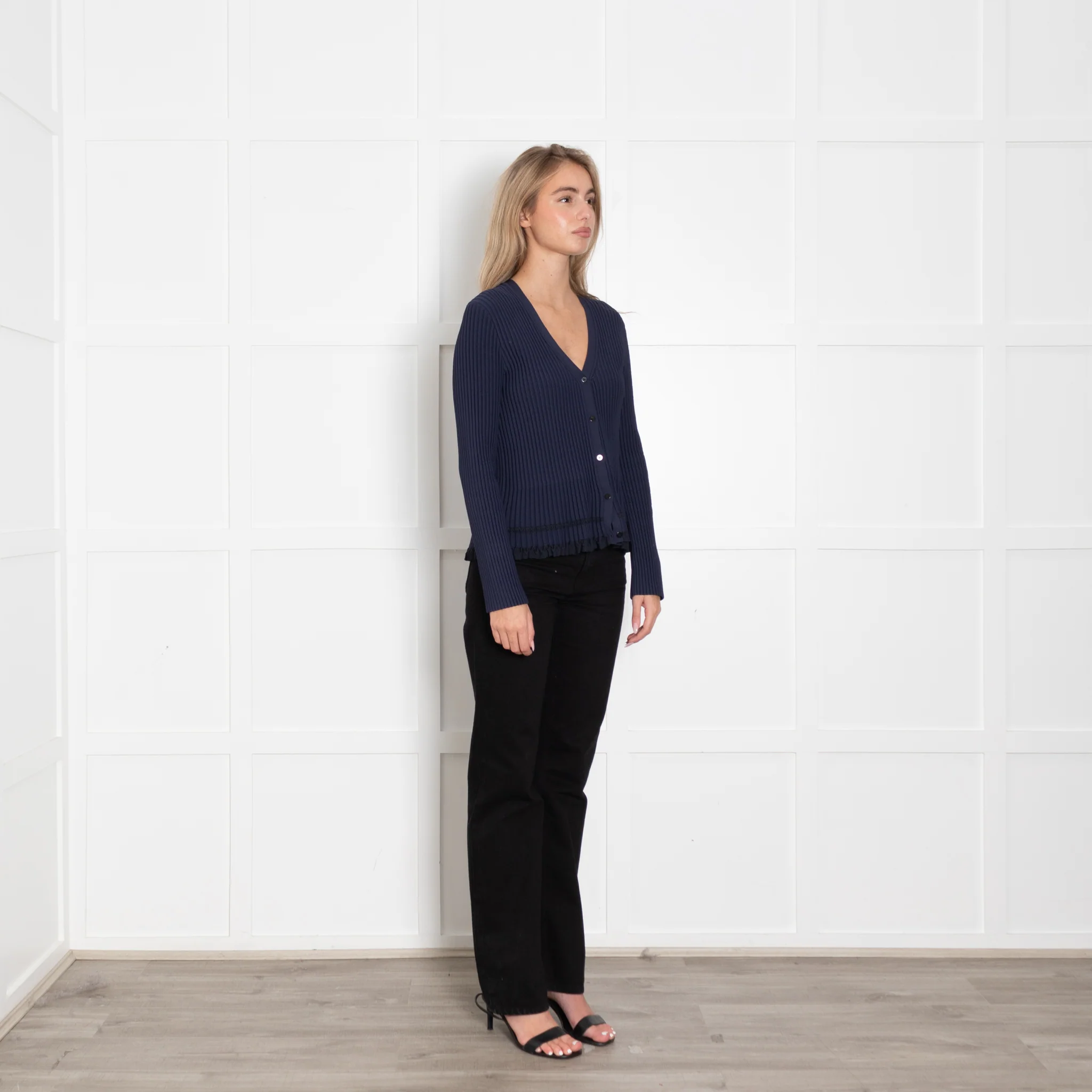 Theory Navy Ribbed Cardigan with Frill Trim - Image 7