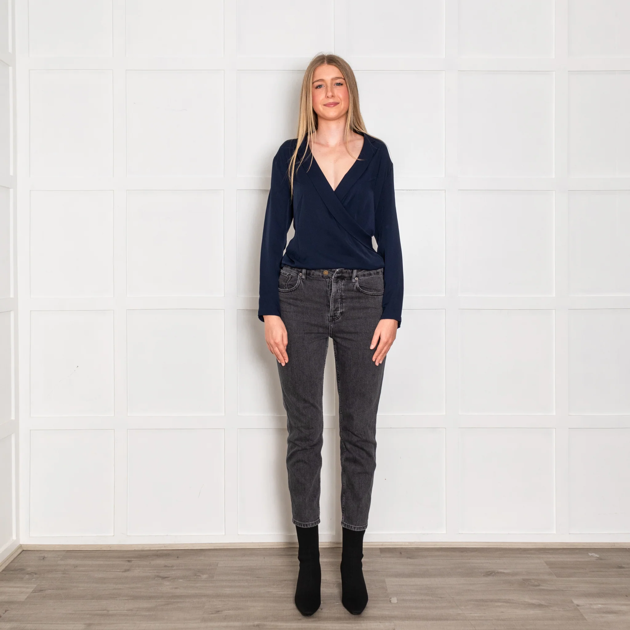 Theory Navy Silk Drawstring Wrap Over Blouse