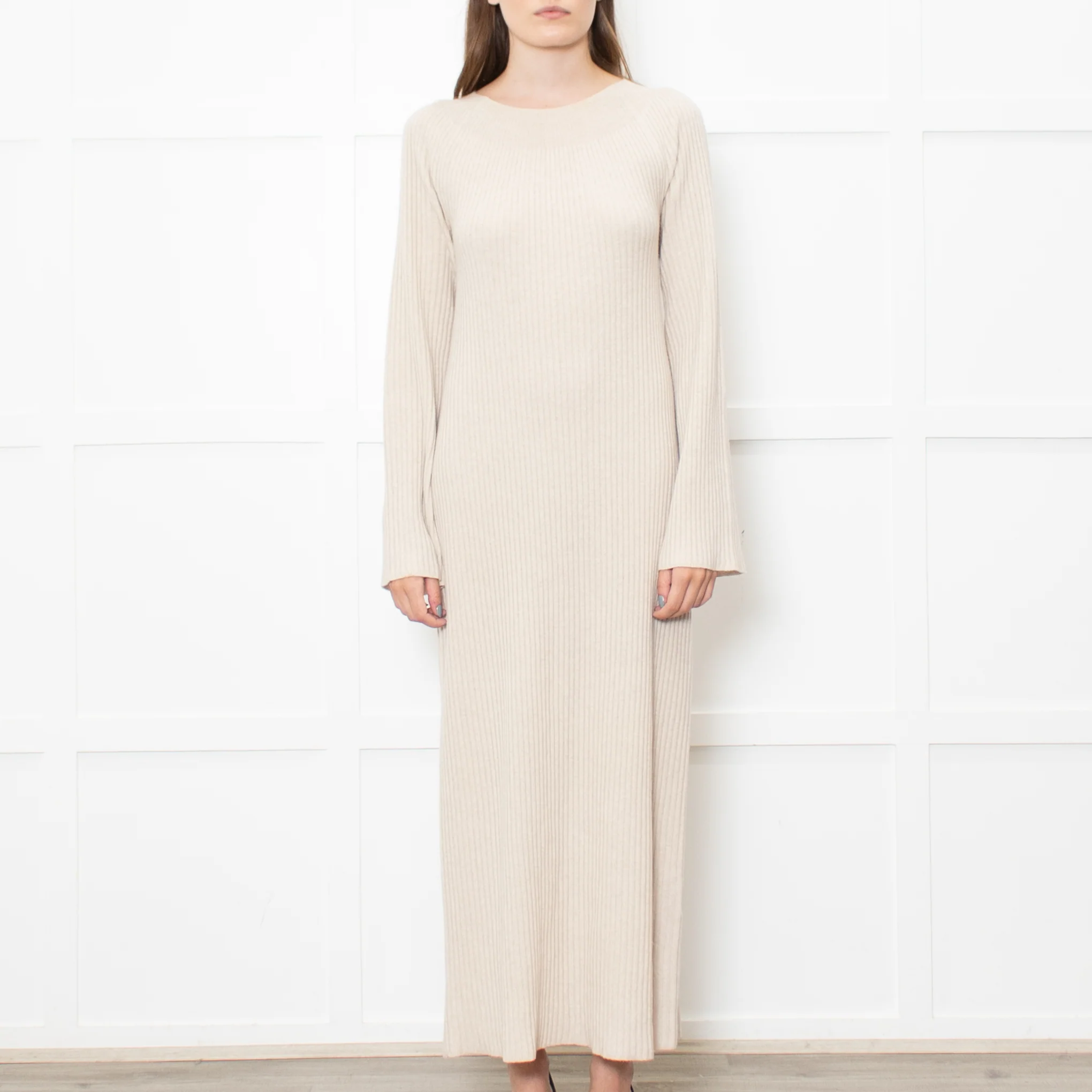 Theory Oatmeal Knitted Ribbed Midi Dress - Image 2