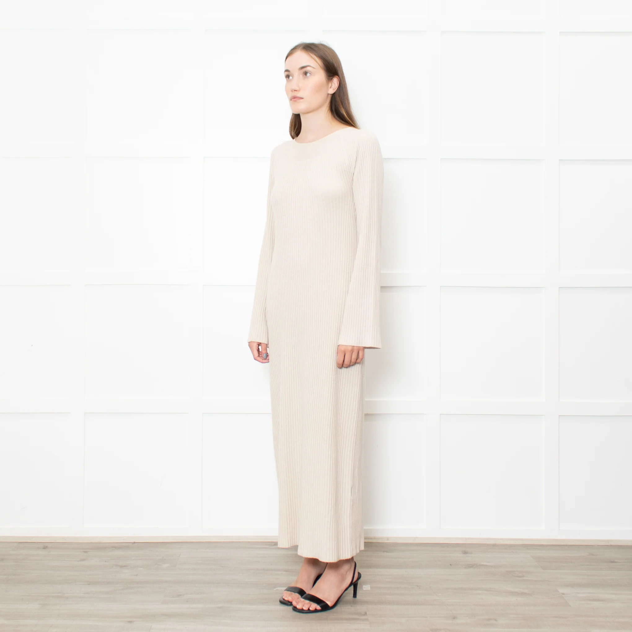 Theory Oatmeal Knitted Ribbed Midi Dress - Image 3