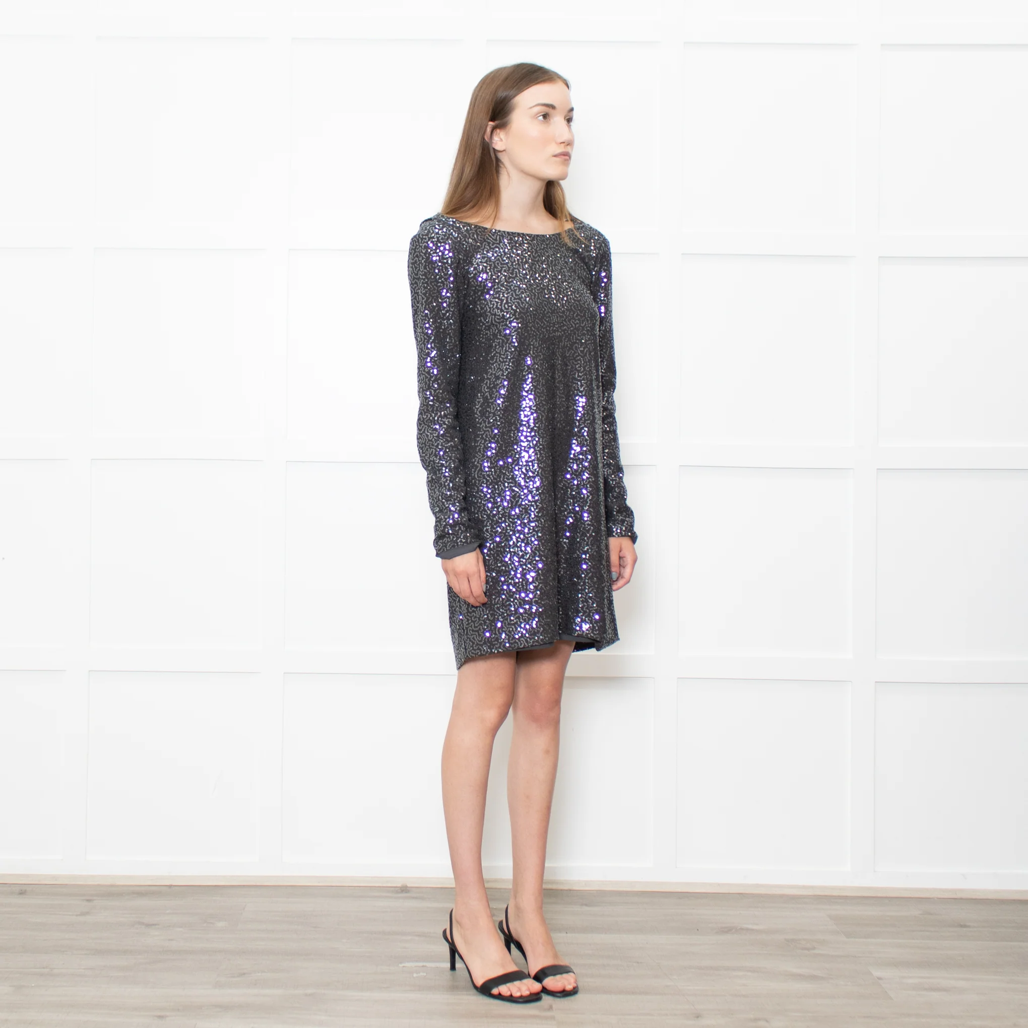 Tibi Grey Sequinned Dropped Back Tunic Dress - Image 7