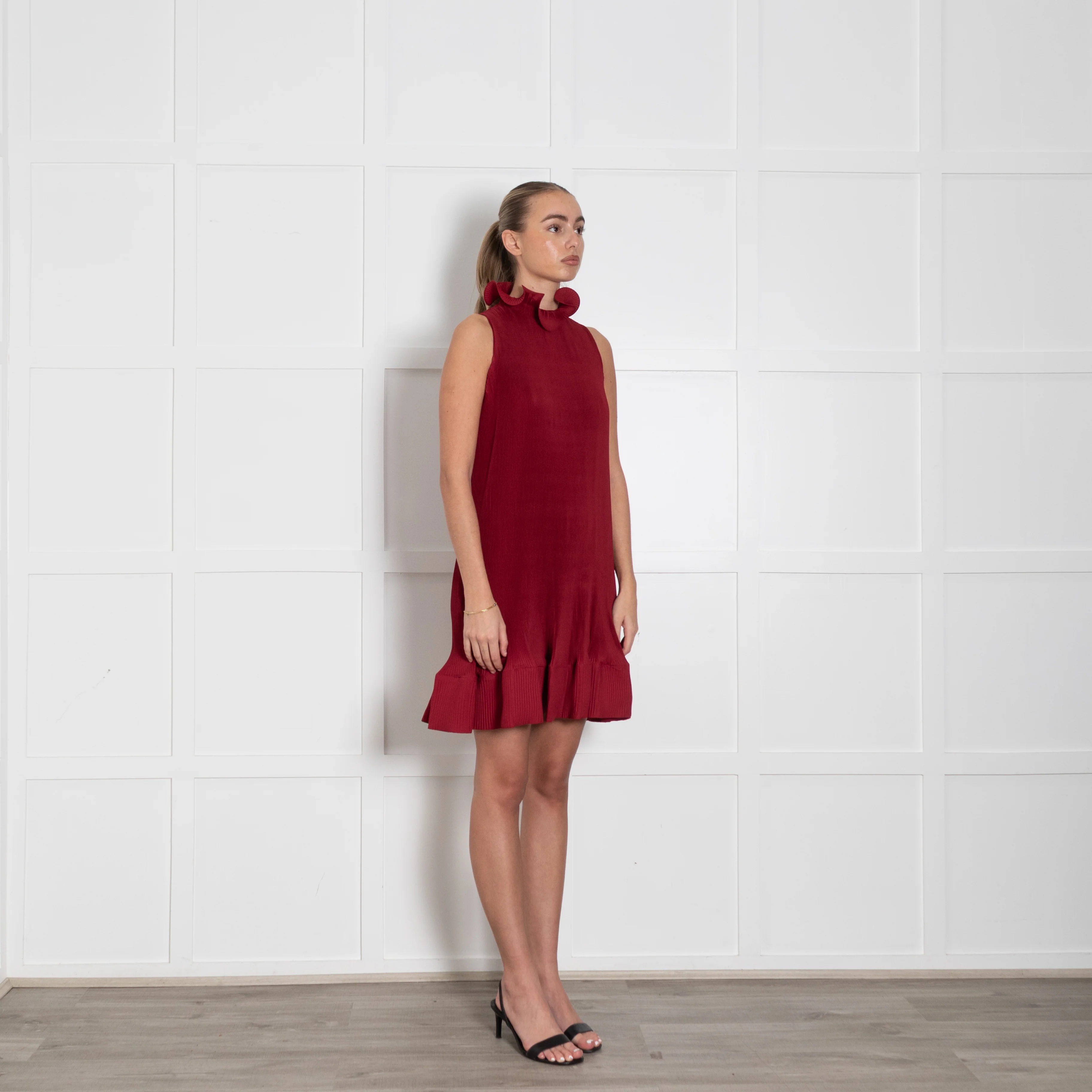 Tibi Red Pleated Silk Sleeveless Short Dress - Image 6