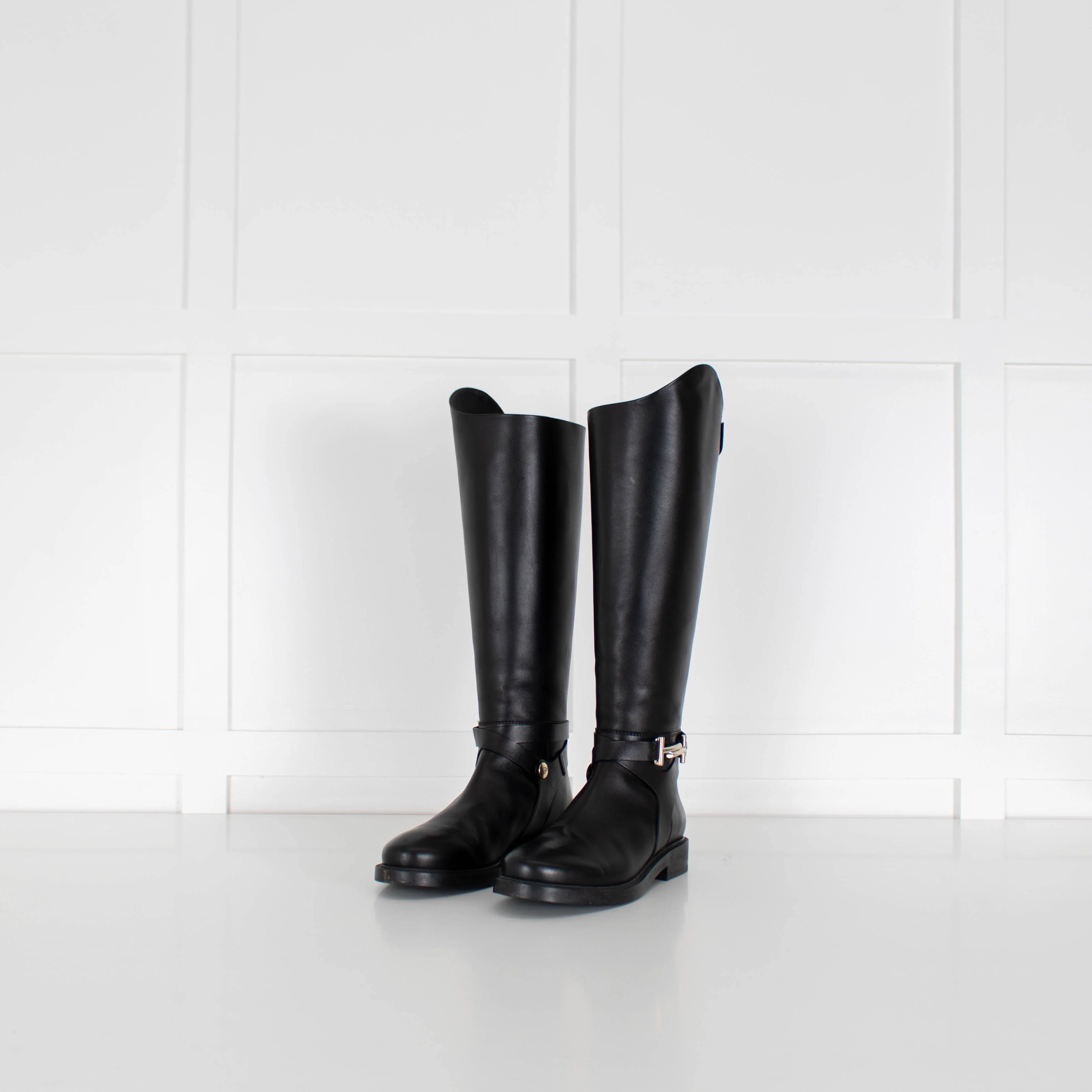 Tods Black Leather Riding-Style Double T-Buckle Strap Knee-High Boots