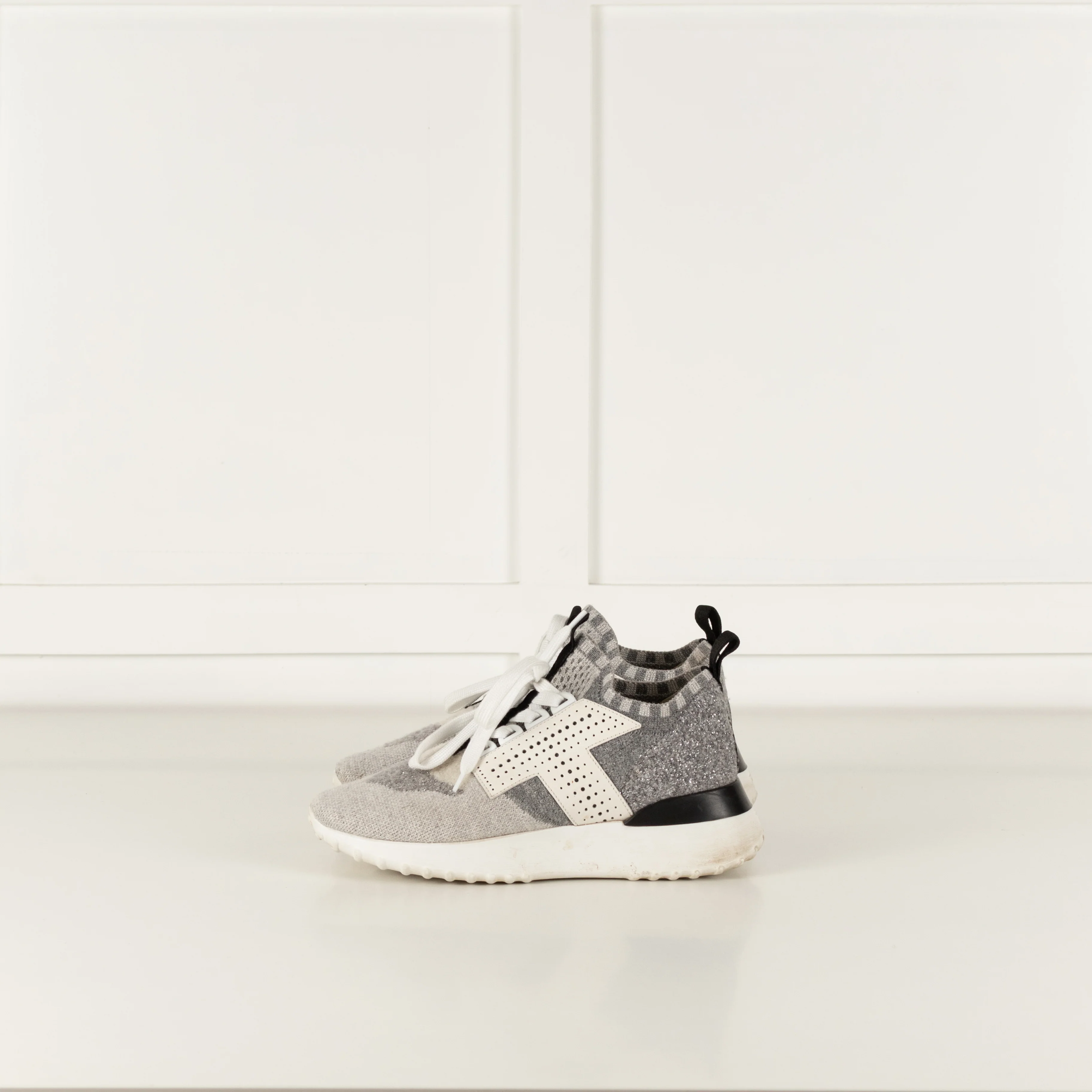 Tods Grey White Silver Lurex Knit Trainers - Image 3