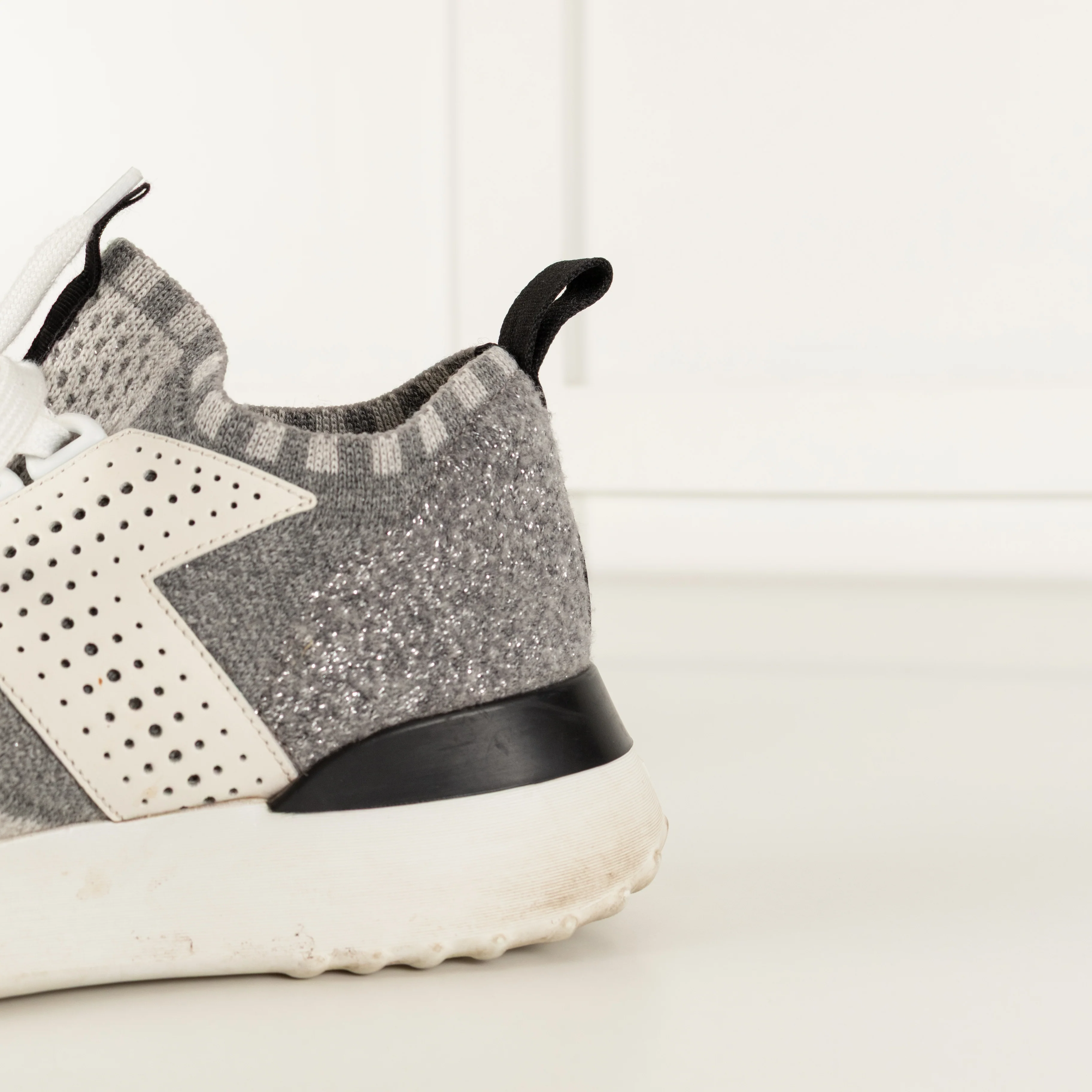 Tods Grey White Silver Lurex Knit Trainers - Image 9