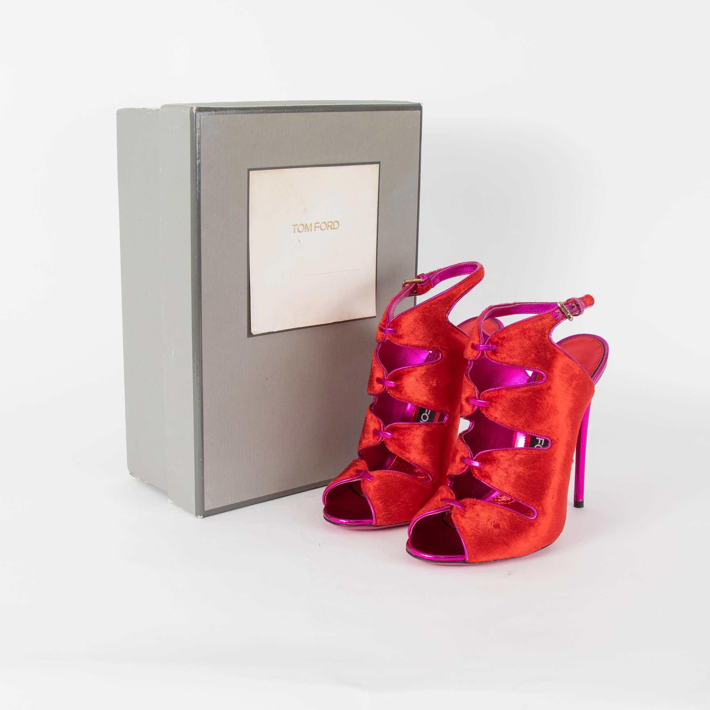 Tom Ford Red Velvet Fuchsia Metallic Heeled Sandals - Image 2